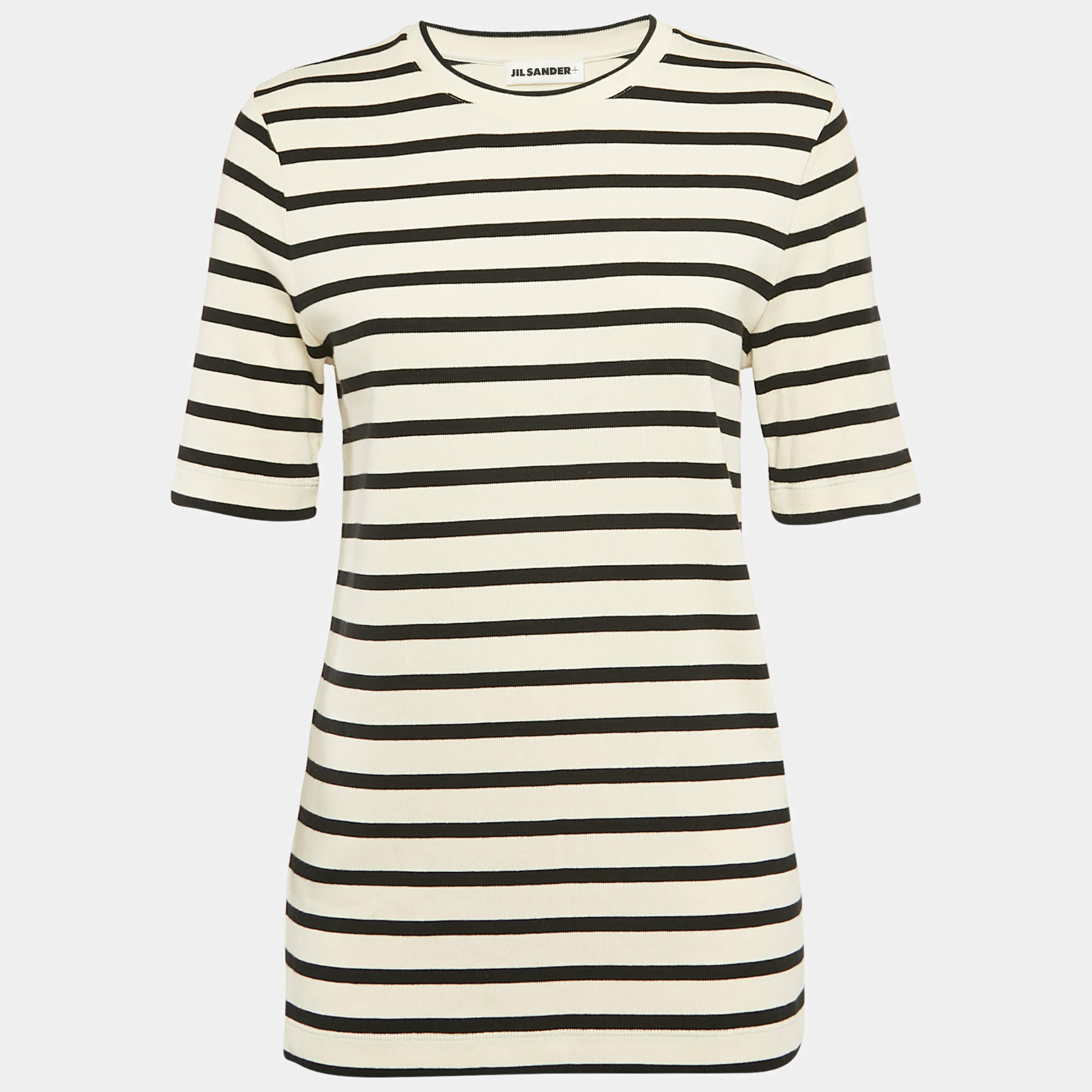 Jil Sander Cream/Black Striped Cotton Rib Knit T-shirt L