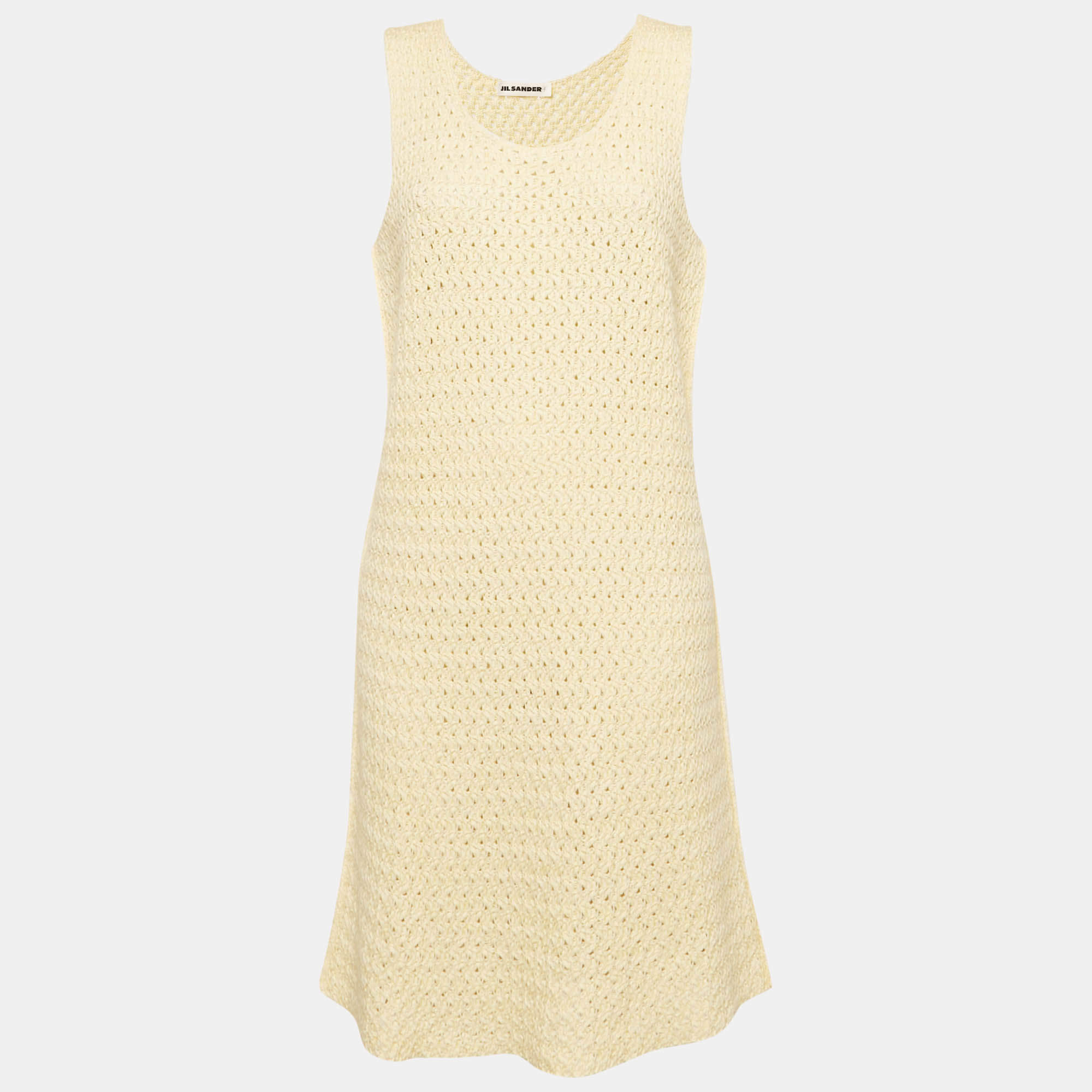 Jil Sander Yellow Crochet Knit Short Sleeveless Dress L