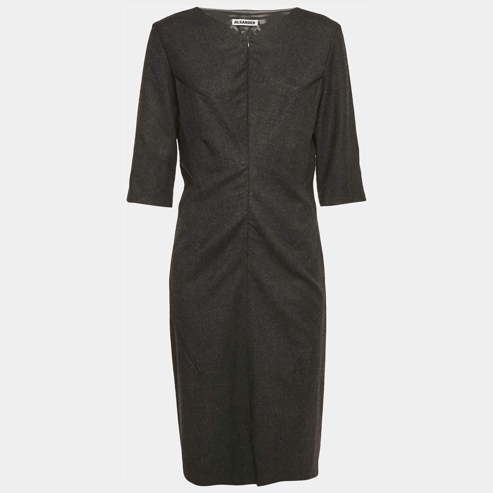 Jil Sander Grey Wool V-Neck Sheath Dress L