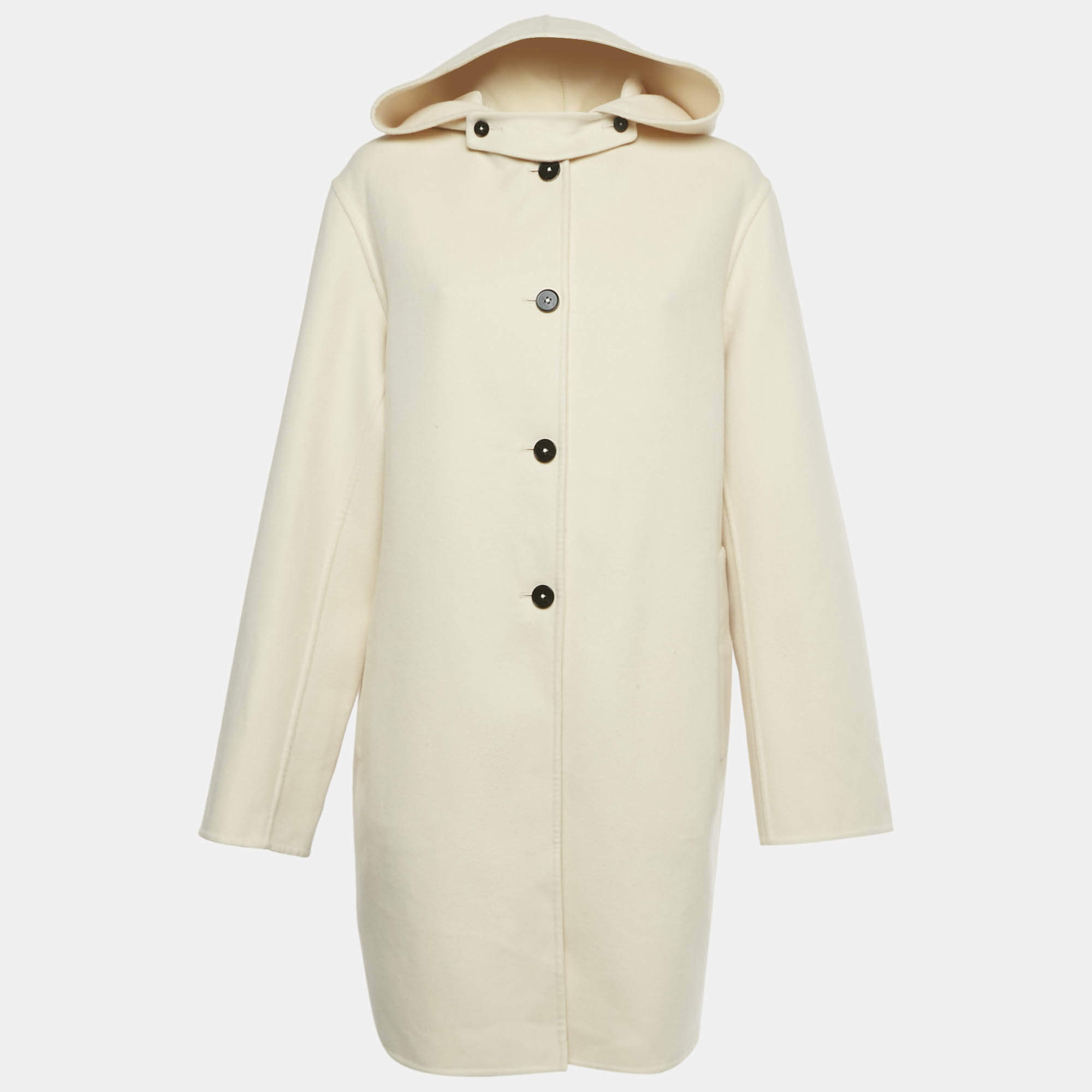 Pre Owned Jil Sander Cream Cashmere Felt Hooded Coat M