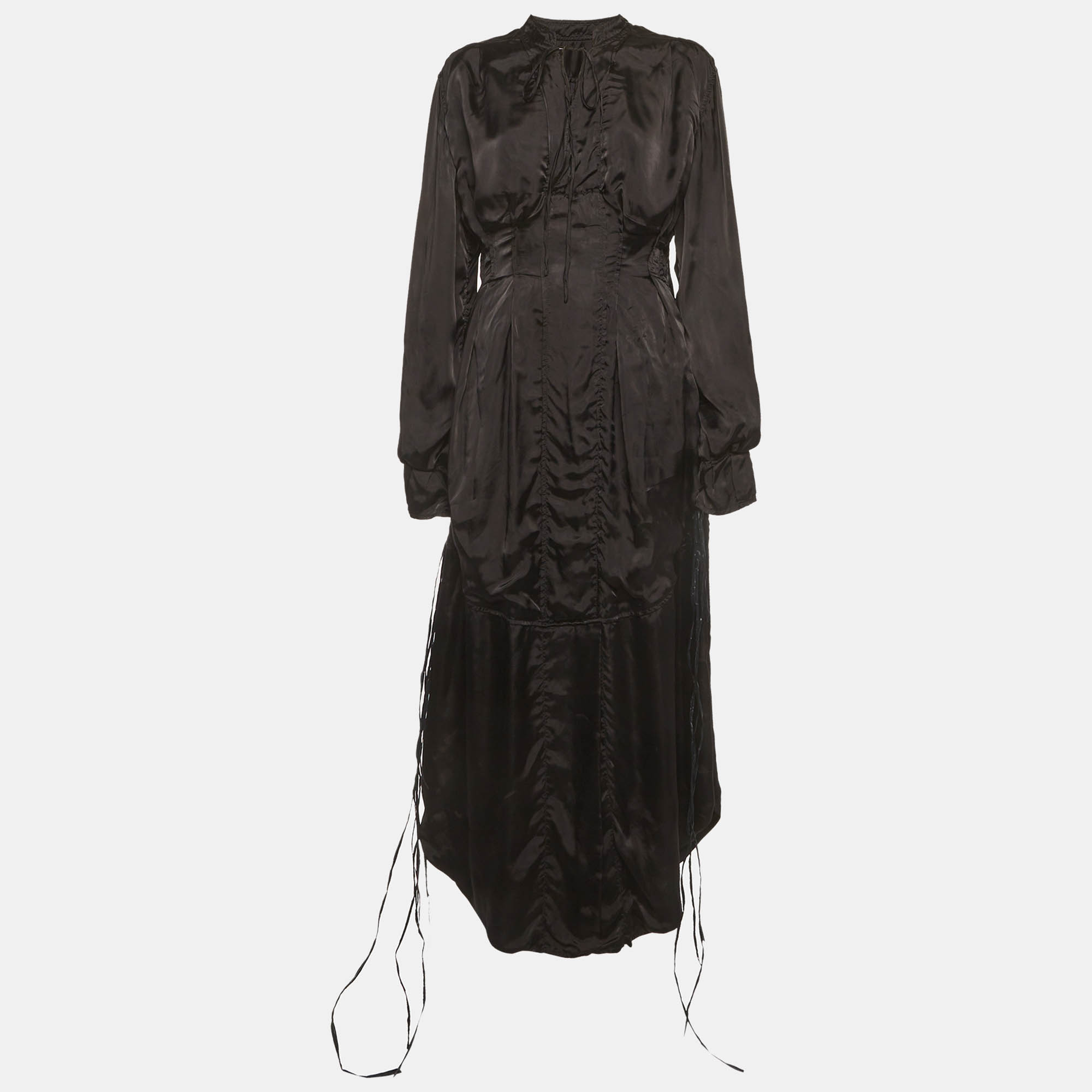 Pre Owned Jil Sander Black Satin Pleated Maxi Dress M