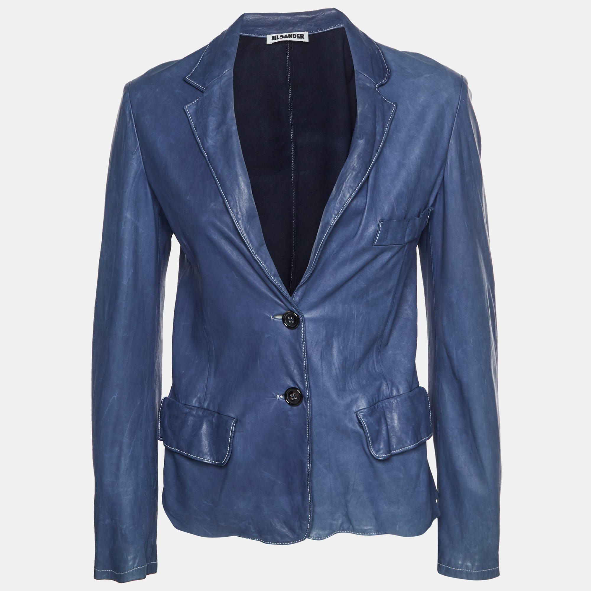 مملوكة مسبقًا Jil Sander Blue Leather Single Breasted Jacket S
