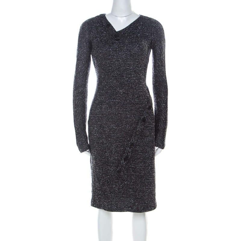 Jil Sander Monochrome Wool Blend Textured Wrap-Button Detail Sheath Dress M