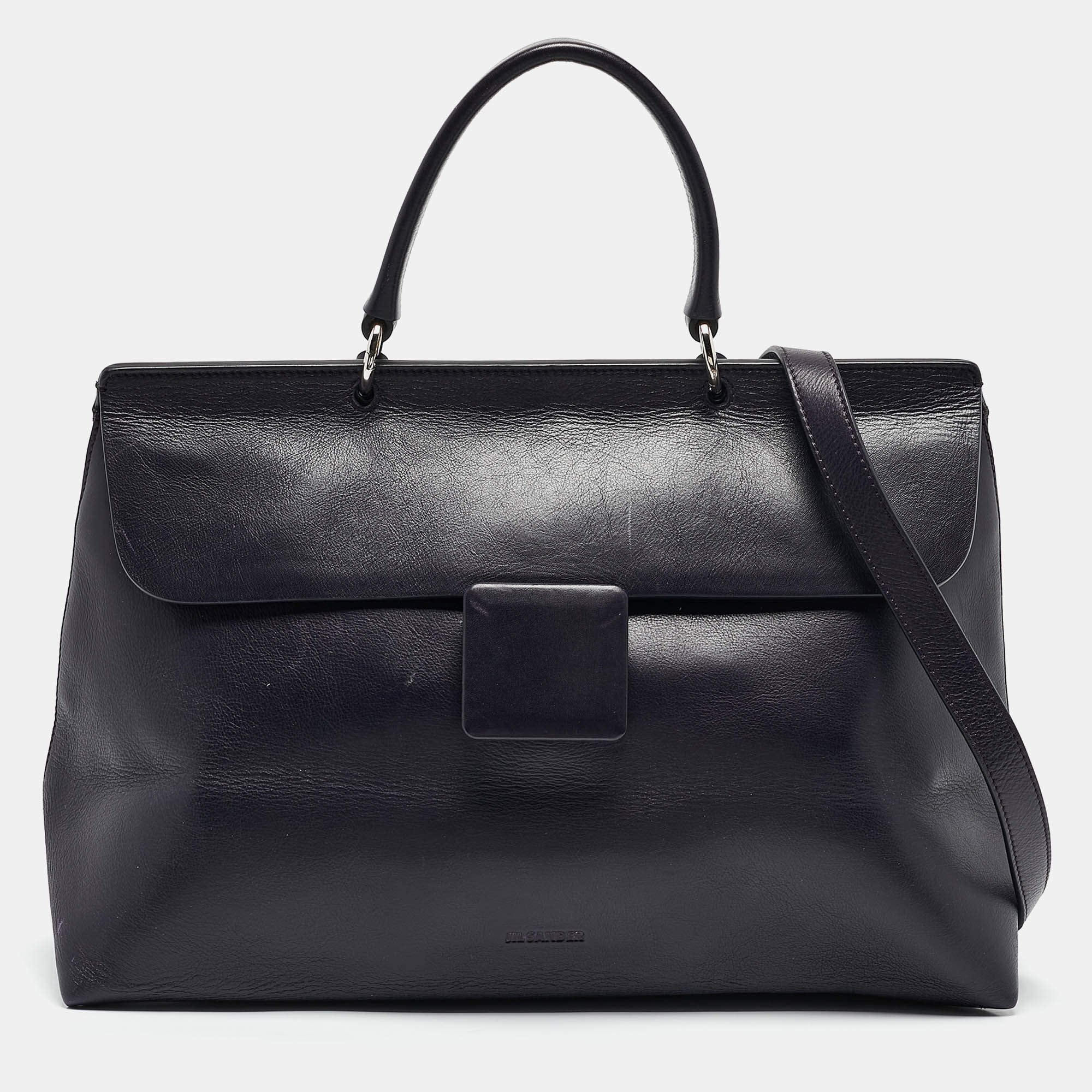 Pre Owned Jil Sander Dark Purple Leather Flap Top Handle Bag