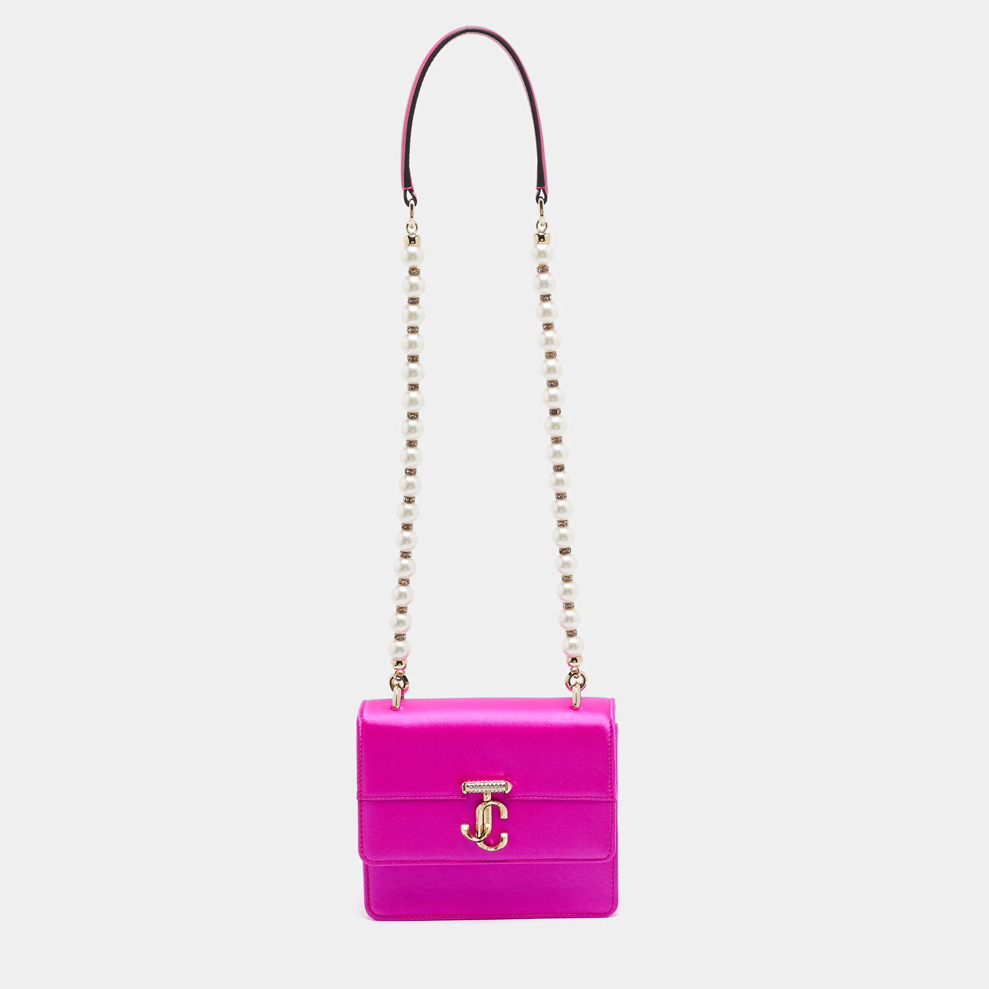 Pre Owned Jimmy Choo Fuchsia Satin Varenne Pearl Embellished Shoulder Bag