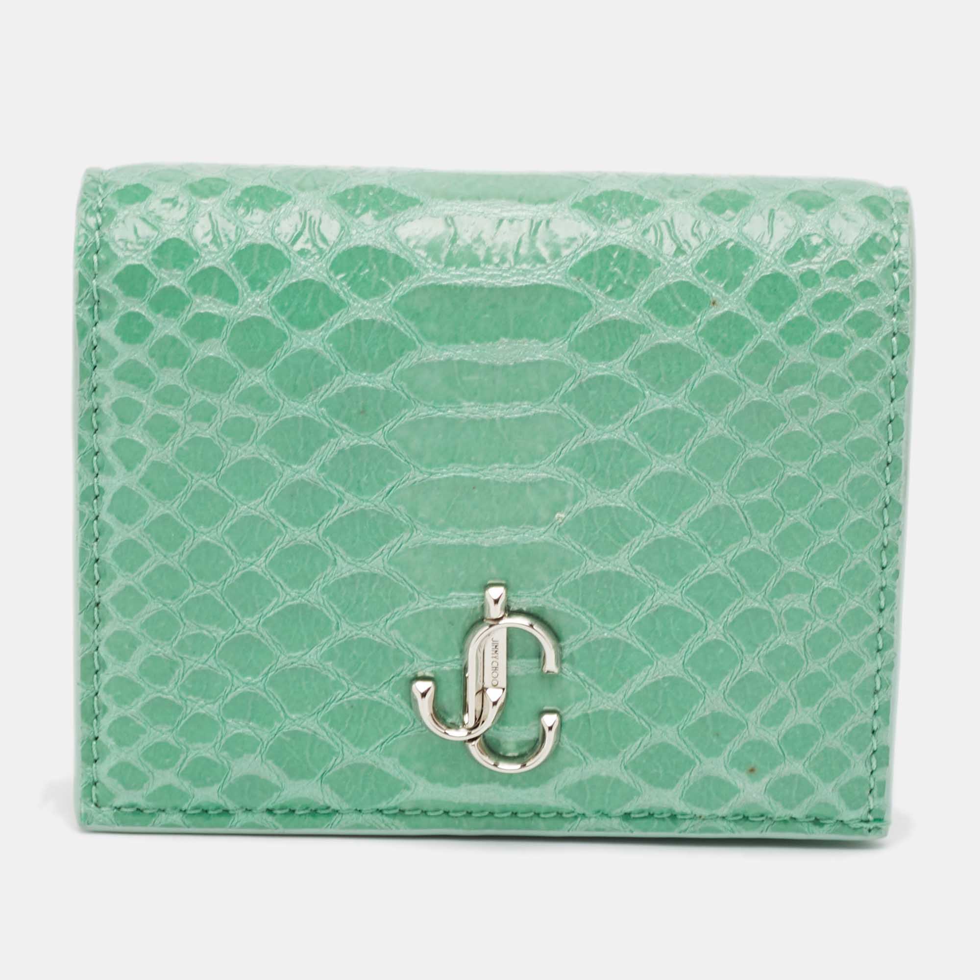 Pre Owned Jimmy Choo Green Snakeskin Embossed Leather Hanne Bifold Wallet