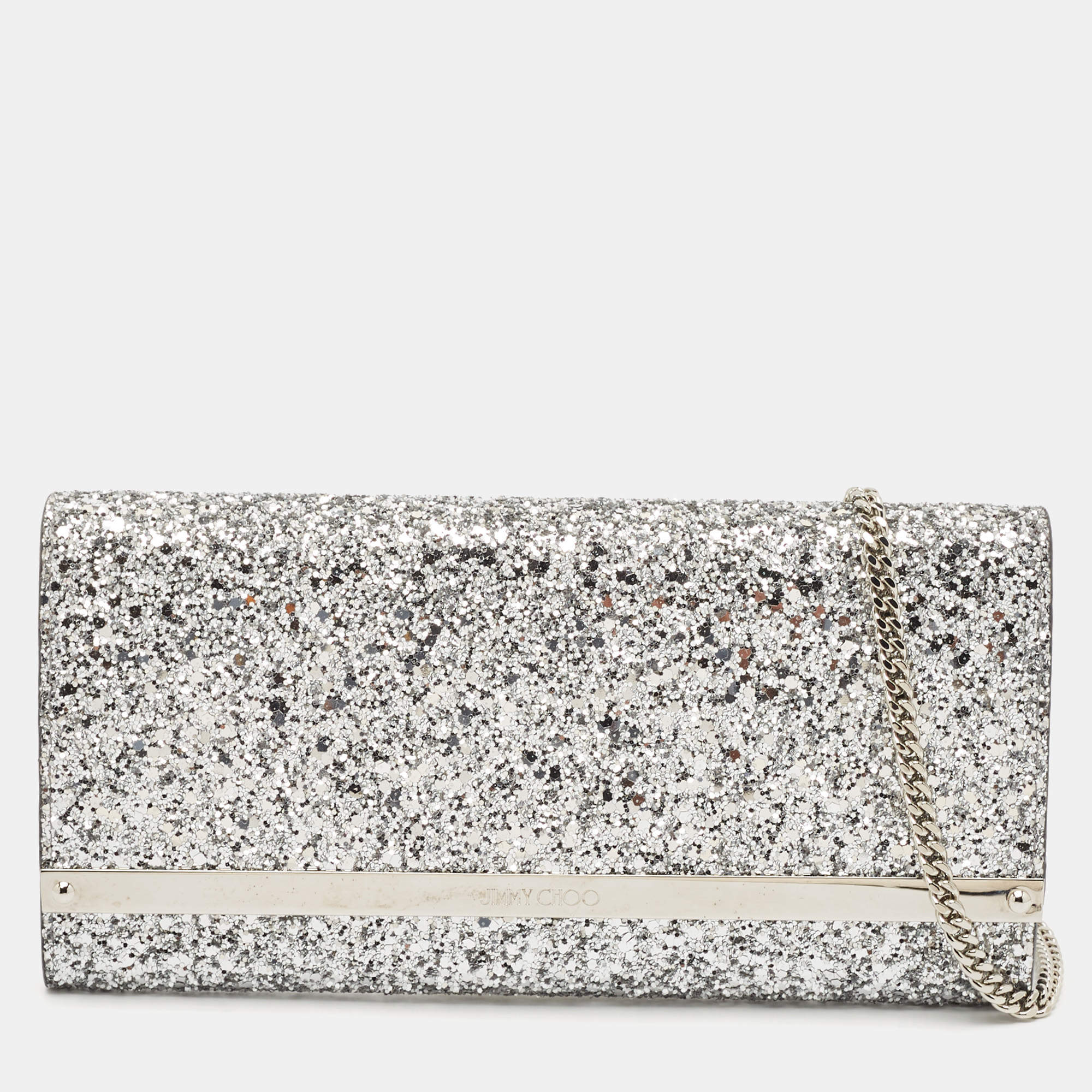 Pre Owned Jimmy Choo Silver Glitter Milla Chain Clutch