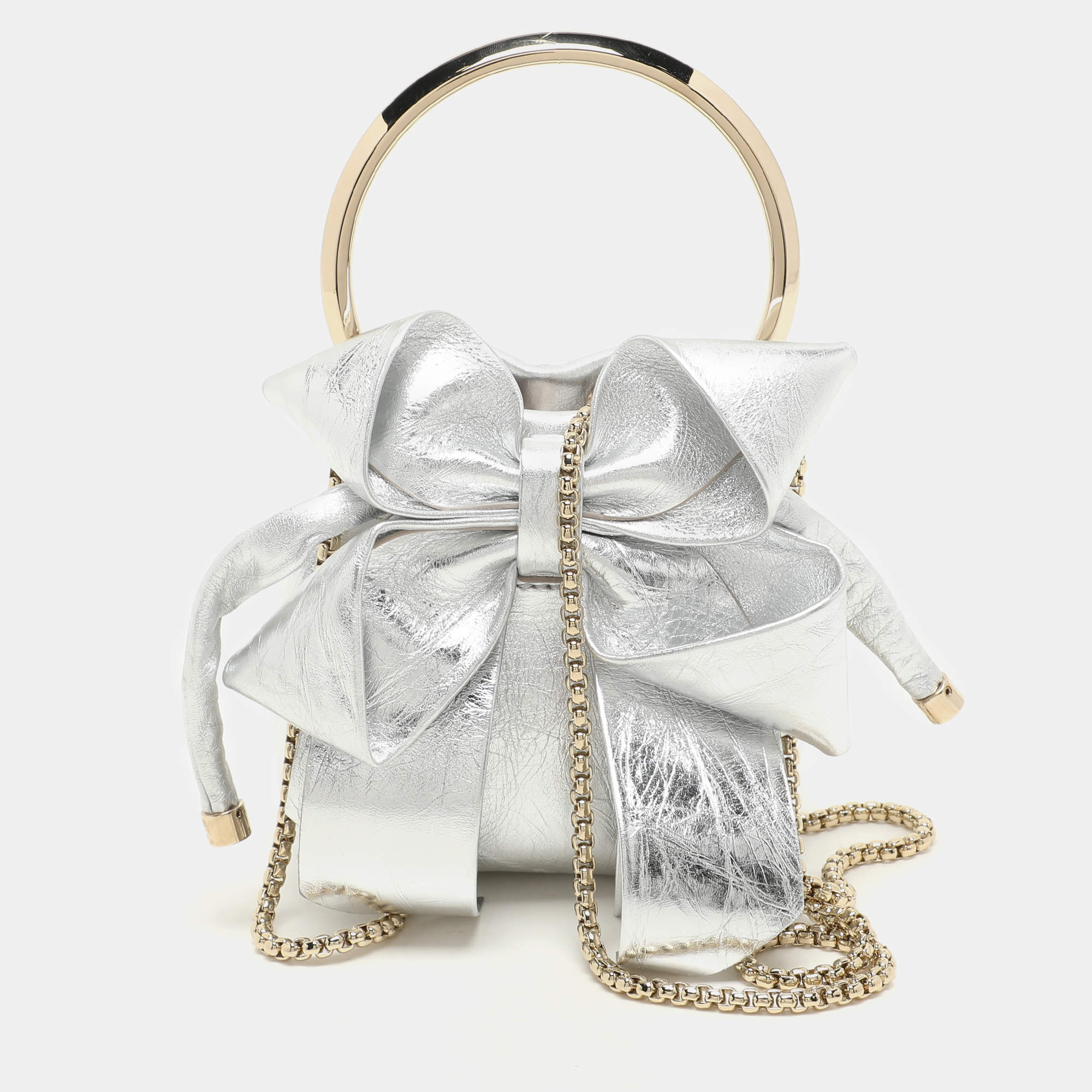 Pre Owned Jimmy Choo Silver Leather Micro Bon Bon Crossbody Bag