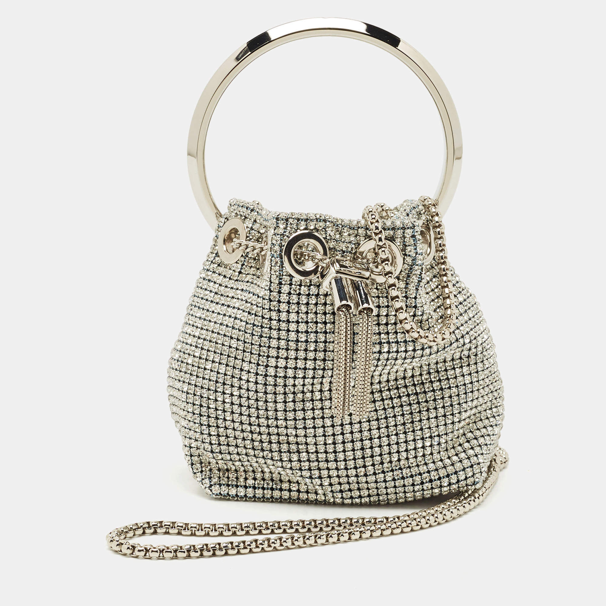 Pre Owned Jimmy Choo Silver Crystal Embellished Micro Bon Bon Bucket Bag