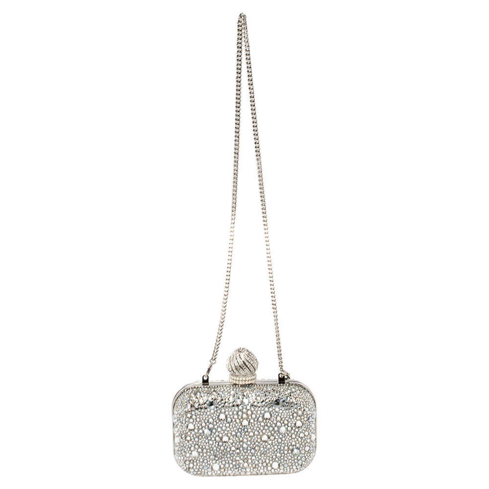 Pre Owned Jimmy Choo Silver Suede Crystal Embellished Dome Clasp Mini Cloud Clutch