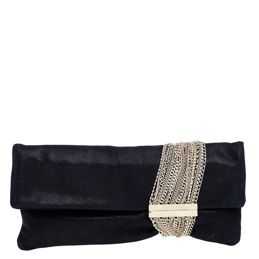 Pre Owned Jimmy Choo Black Shimmering Suede Chandra Clutch