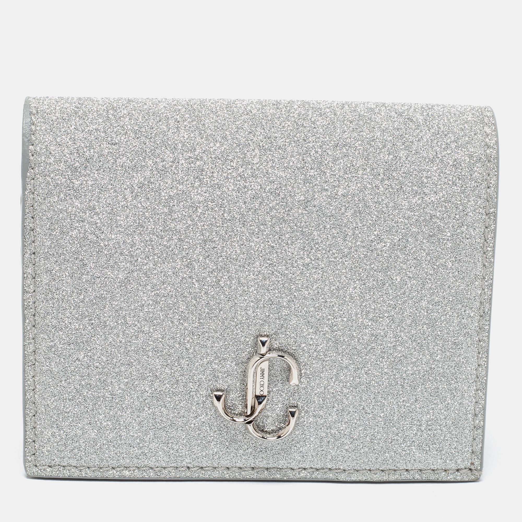 Pre Owned Jimmy Choo Silver Glitter Hanne Card Case