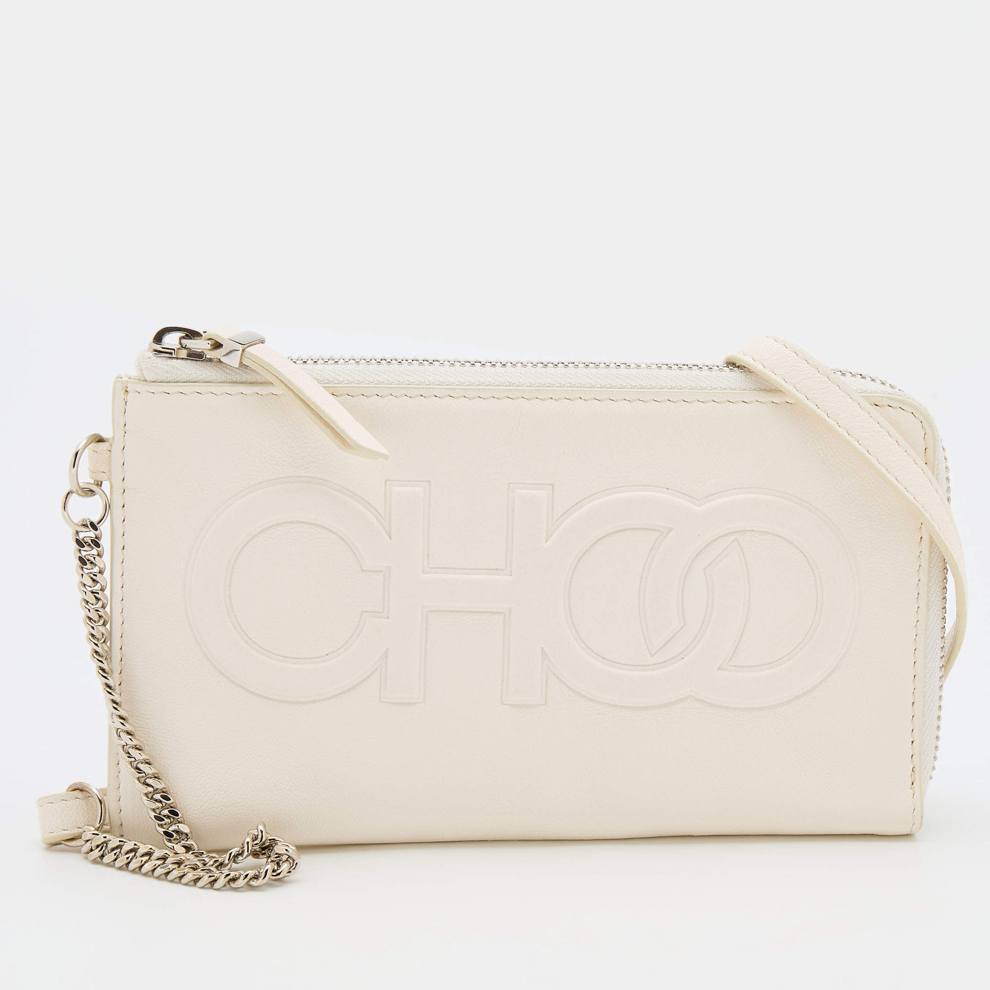 Pre Owned Jimmy Choo White Leather Embossed Logo Adelia Wallet on Strap