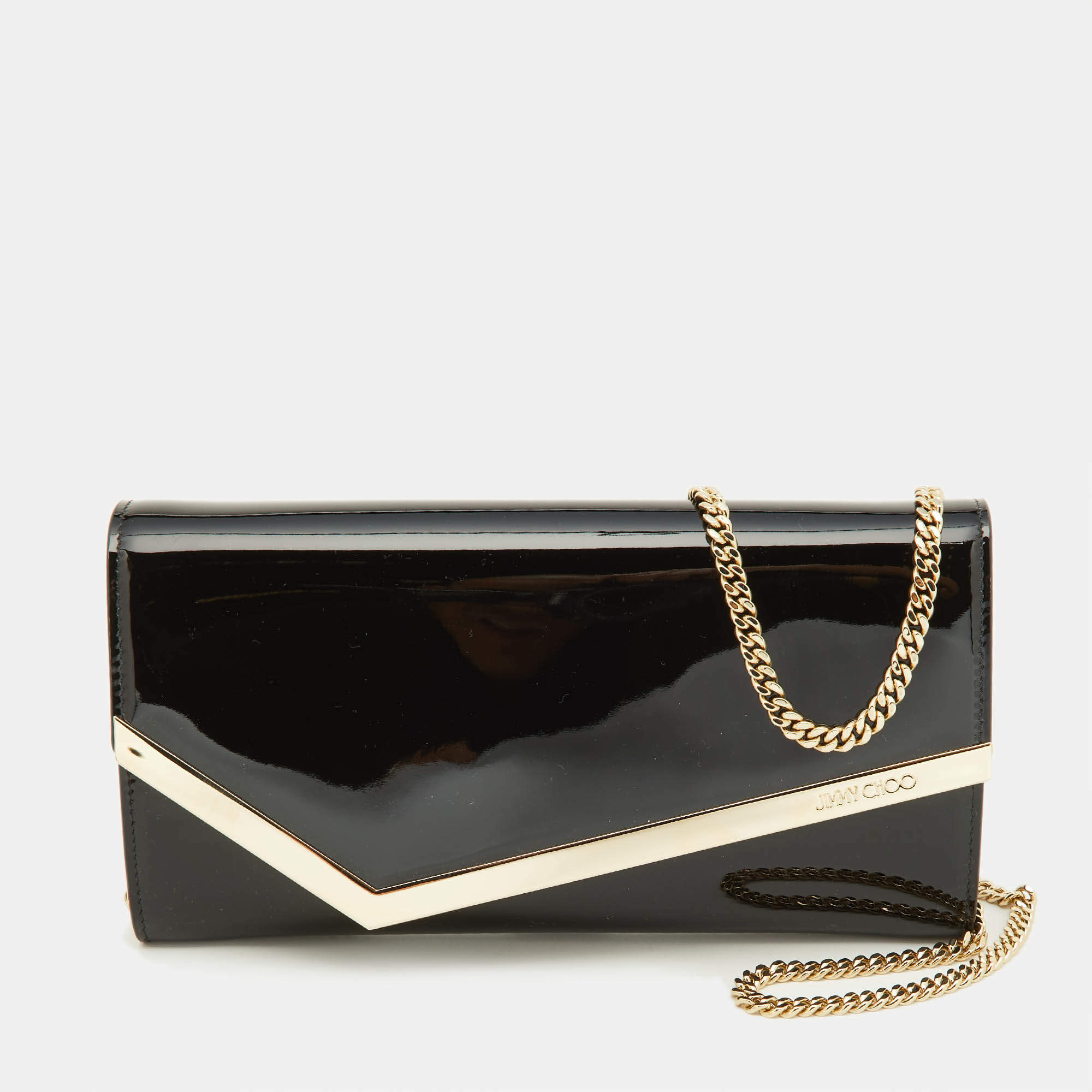 Jimmy Choo Black Patent Leather Emmie Chain Clutch