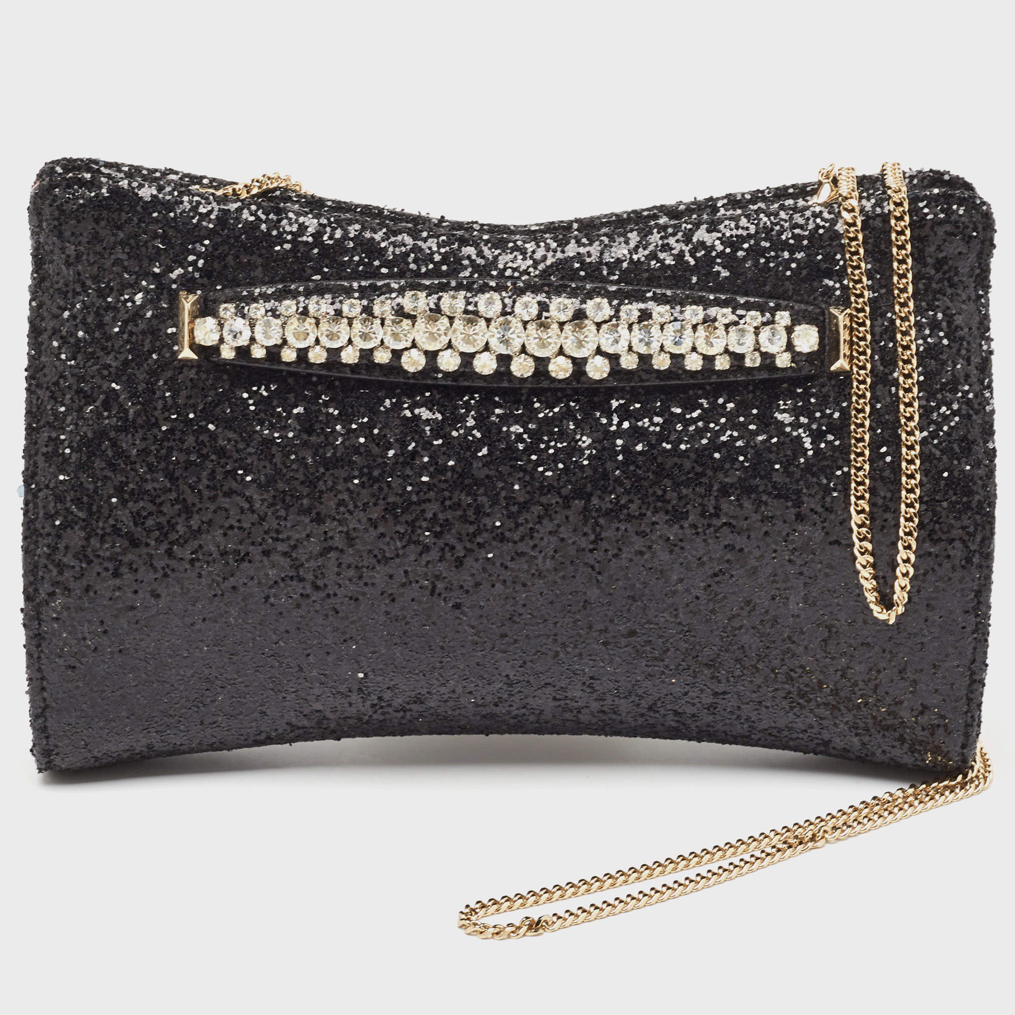 Pre Owned Jimmy Choo Black Glitter Venus Crystals Chain Clutch