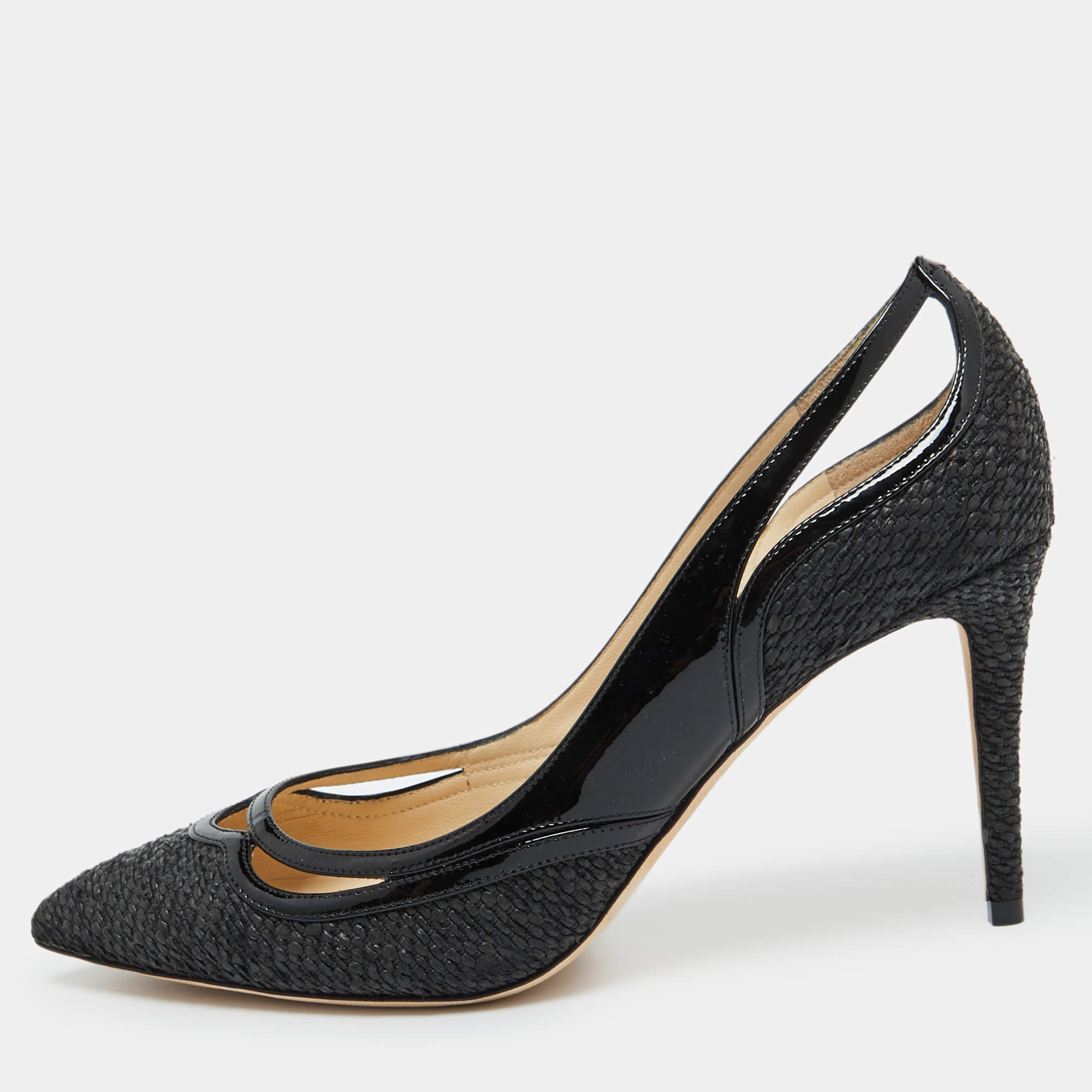 Jimmy Choo Black Woven Fabric and Patent Leather Hickory Pumps Size 40