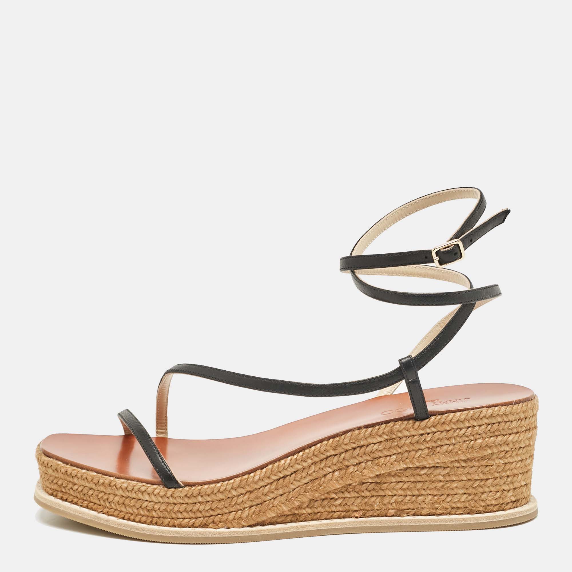 Jimmy Choo Black Leather Drive Wedge Sandals Size 38