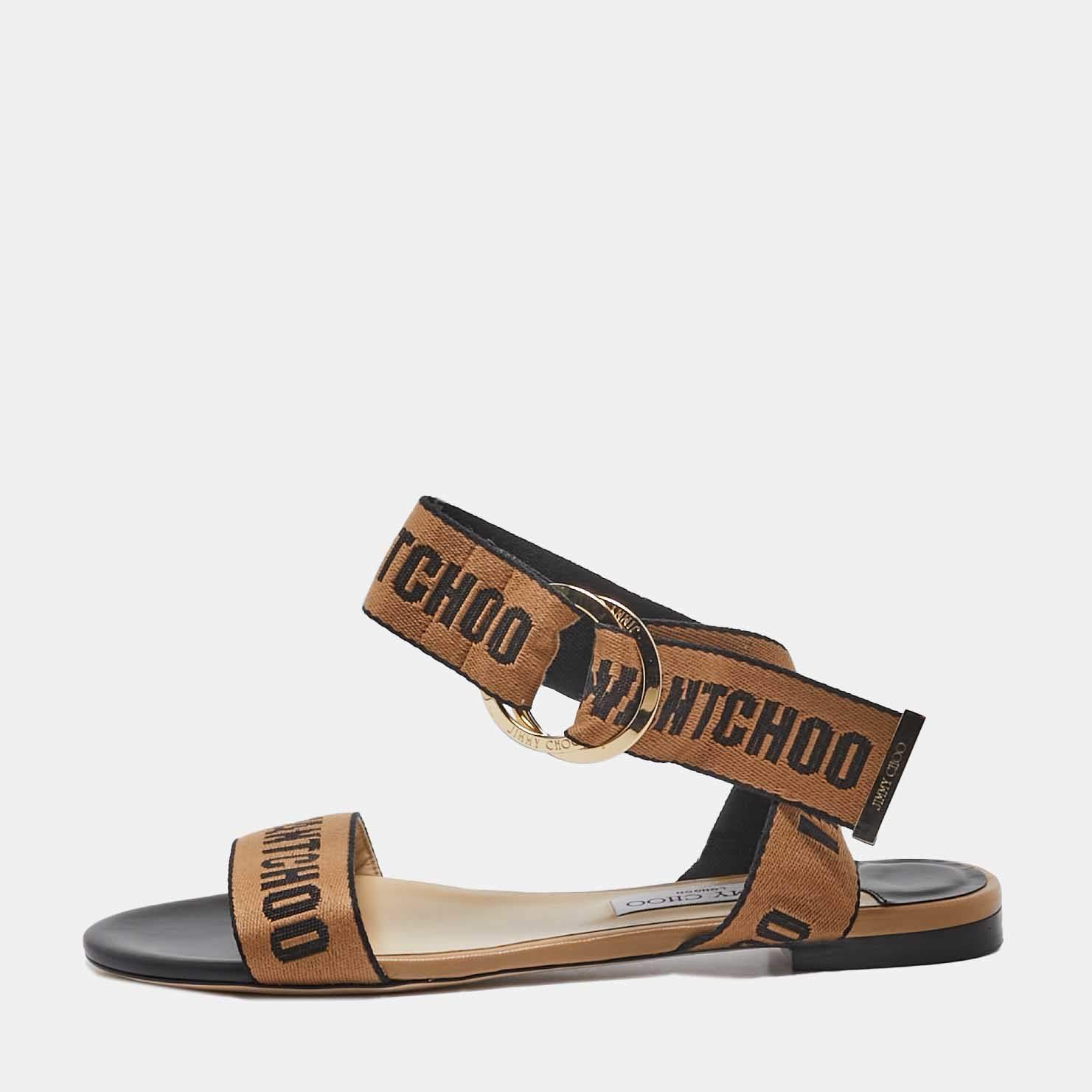 Pre Owned Jimmy Choo Brown/Black Canvas Breanne Flat Sandals Size 40.5