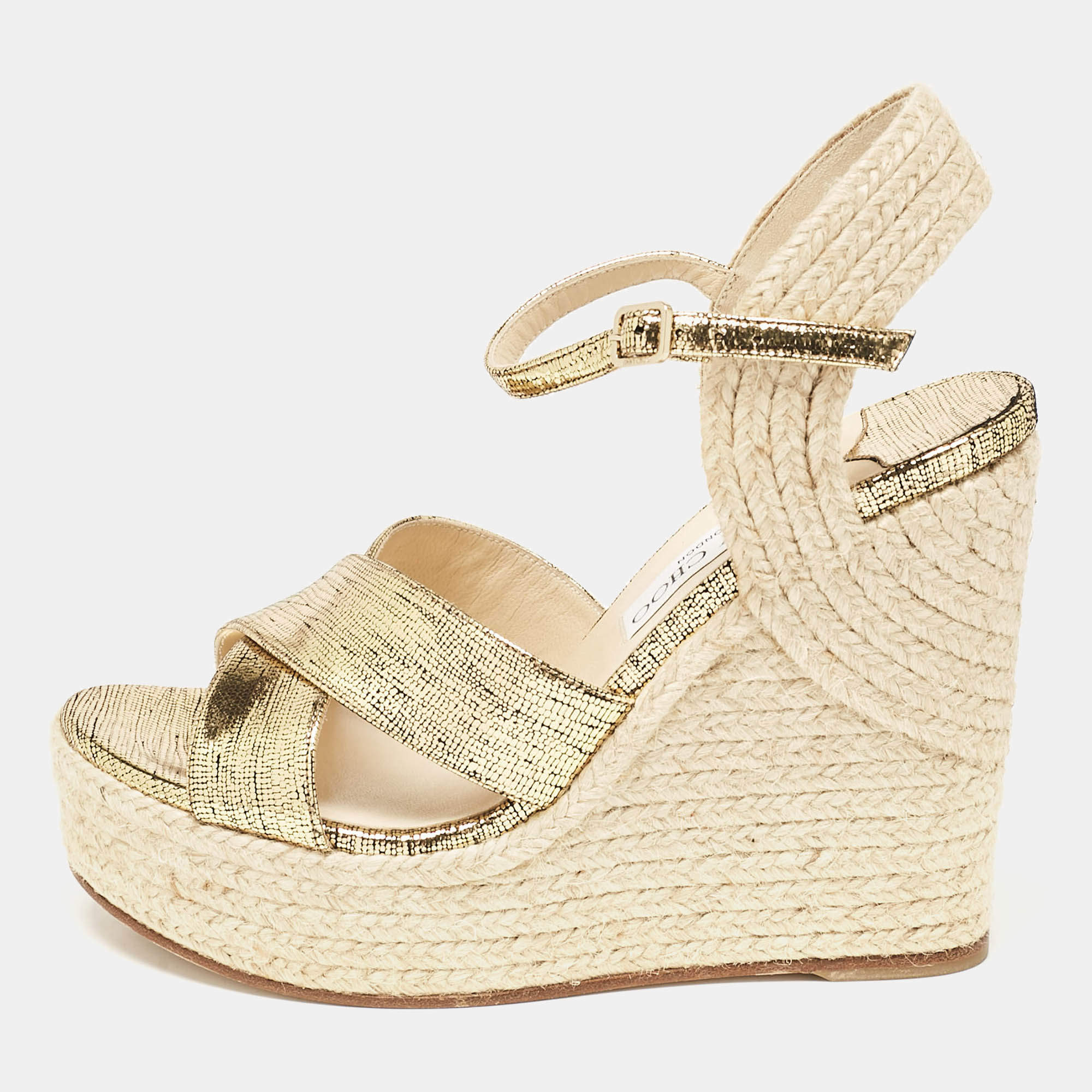 مملوكة مسبقًا Jimmy Choo Gold Lizard Embossed Leather Dellena Wedge Sandals Size 38.5