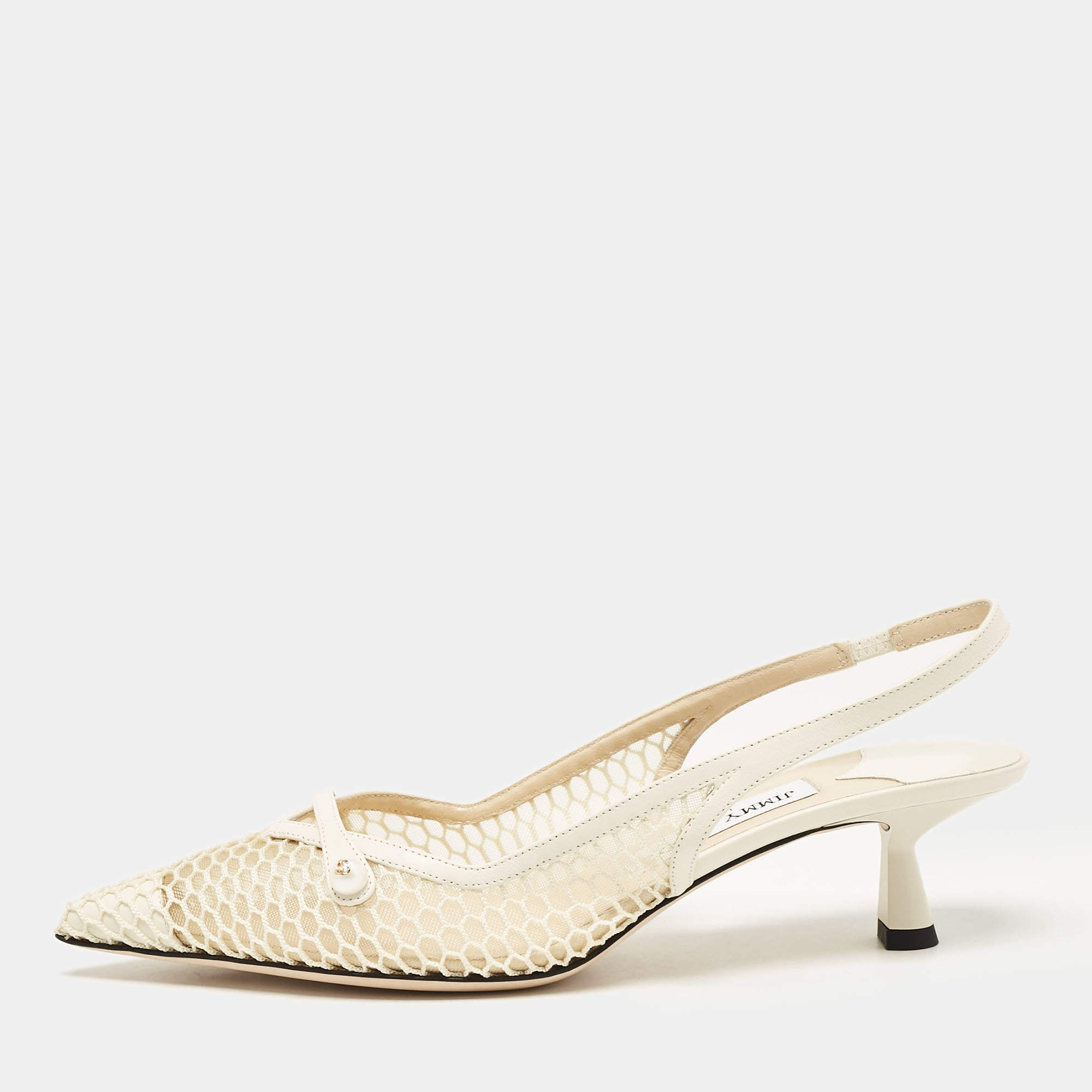 Pre Owned Jimmy Choo White Leather and Mesh Amita Slingback Pumps Size 37.5