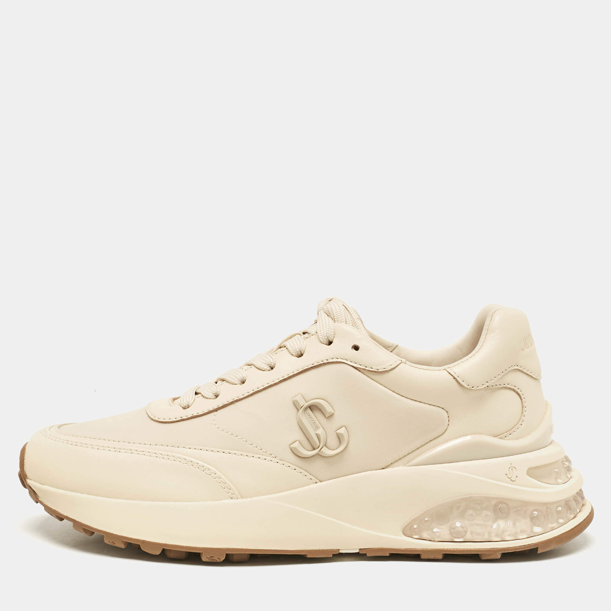 Pre Owned Jimmy Choo Beige Leather and Neoprene Memphis Sneakers Size 38