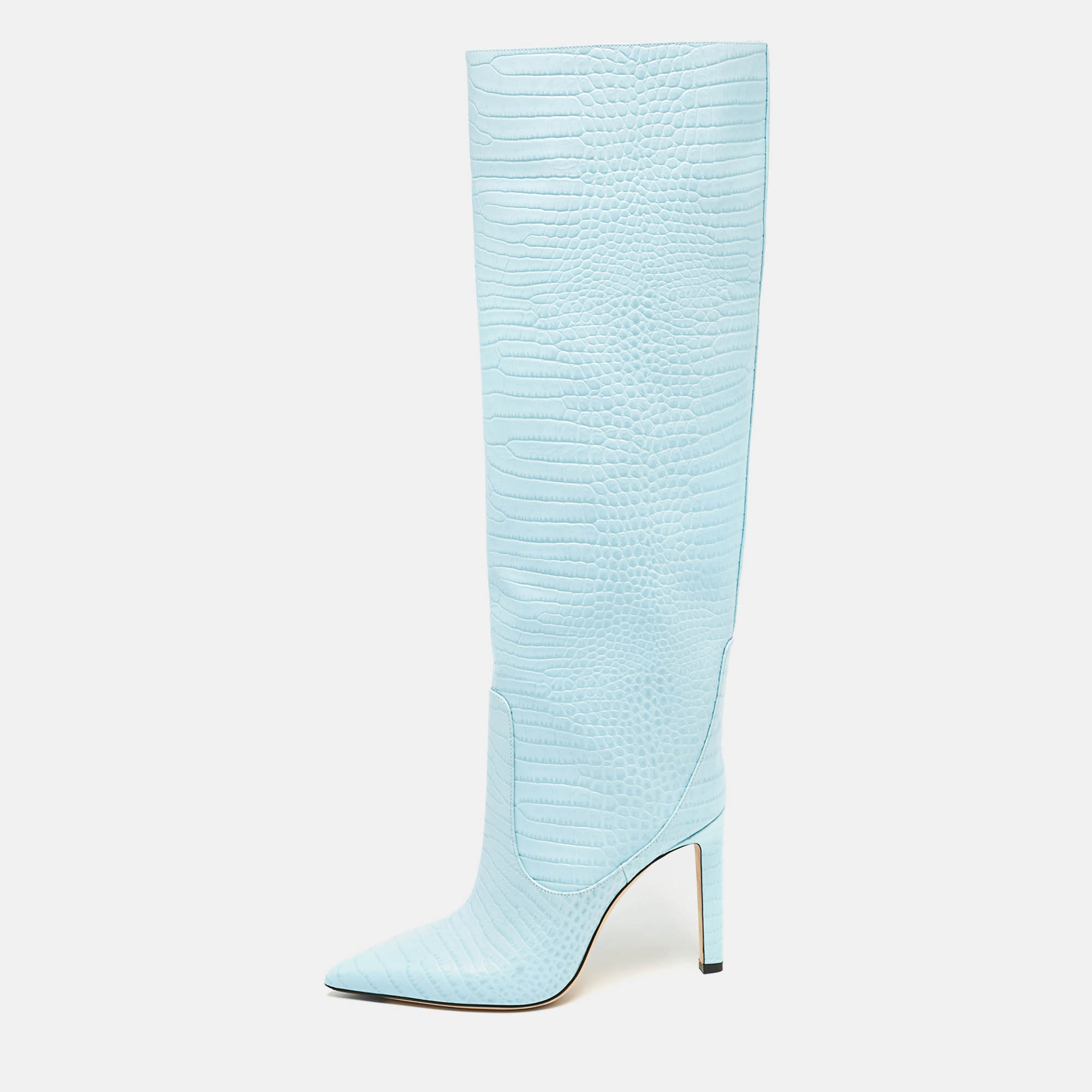 Jimmy Choo Blue Croc Embossed Leather Knee Length Boots Size 39