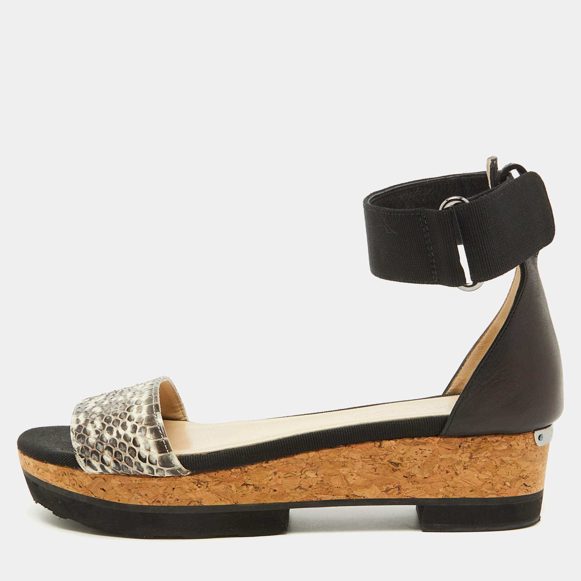 Jimmy Choo Black Snakeskin and Stretch Band Neat Ankle Strap Sandals Size 37.5