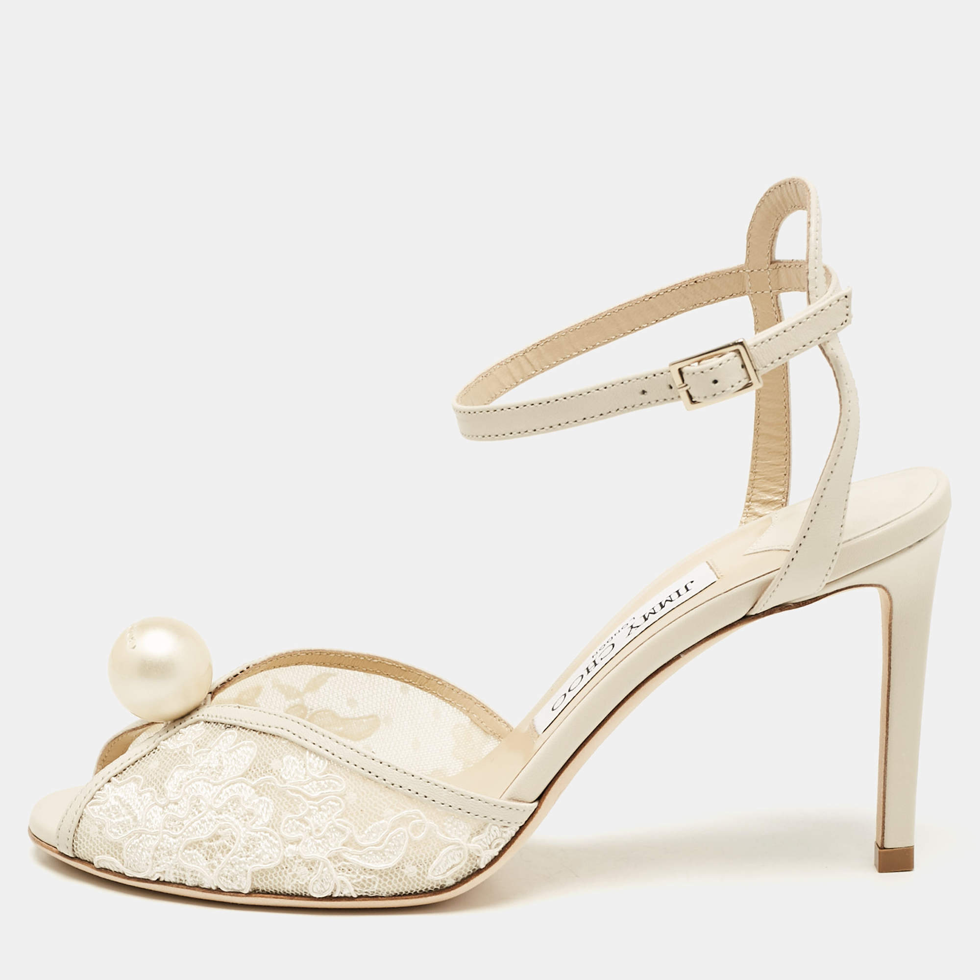 Pre Owned Jimmy Choo Off White Leather and Lace Sacora Sandals Size 38