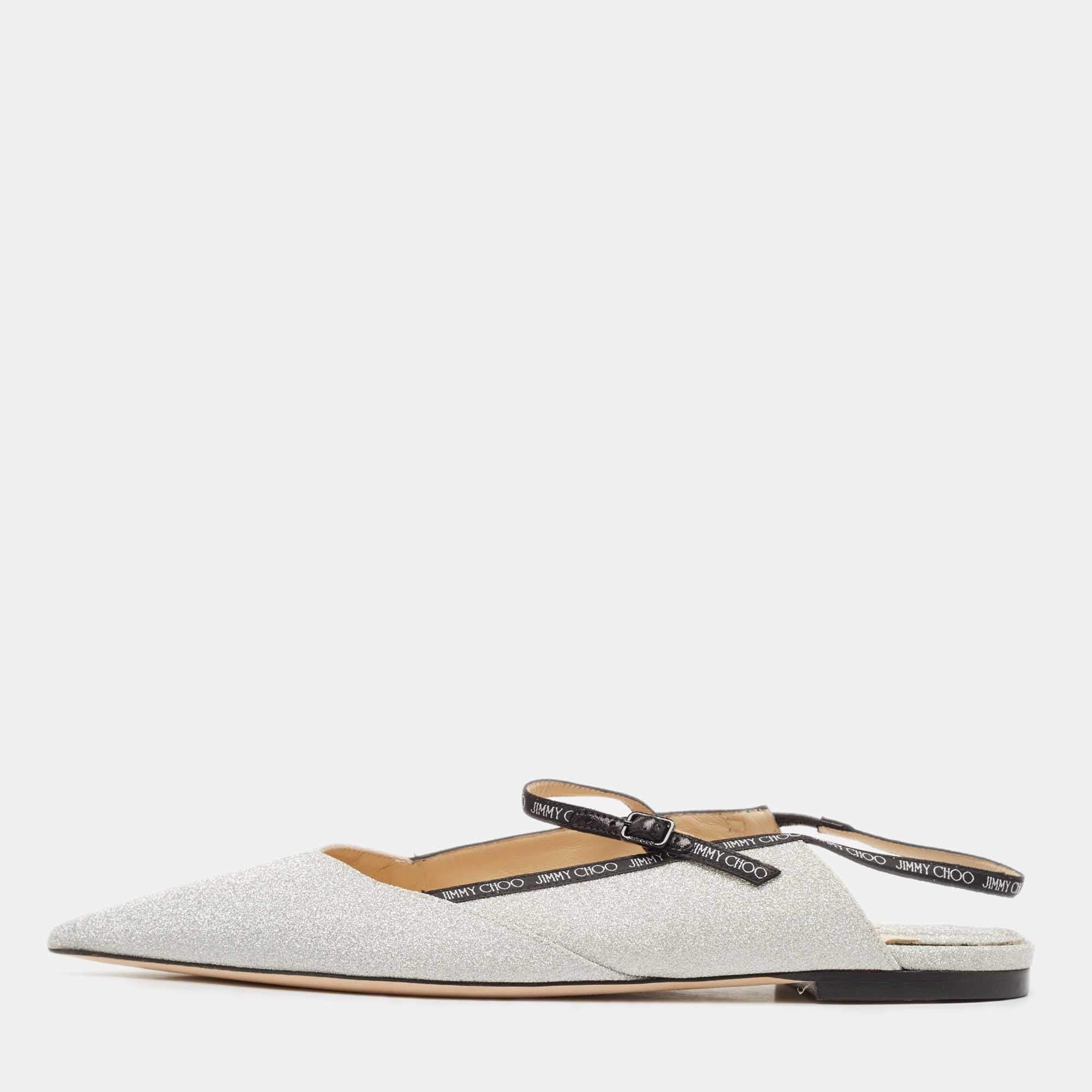 Pre Owned Jimmy Choo Silver Glitter Ree Slingback Flats Size 40