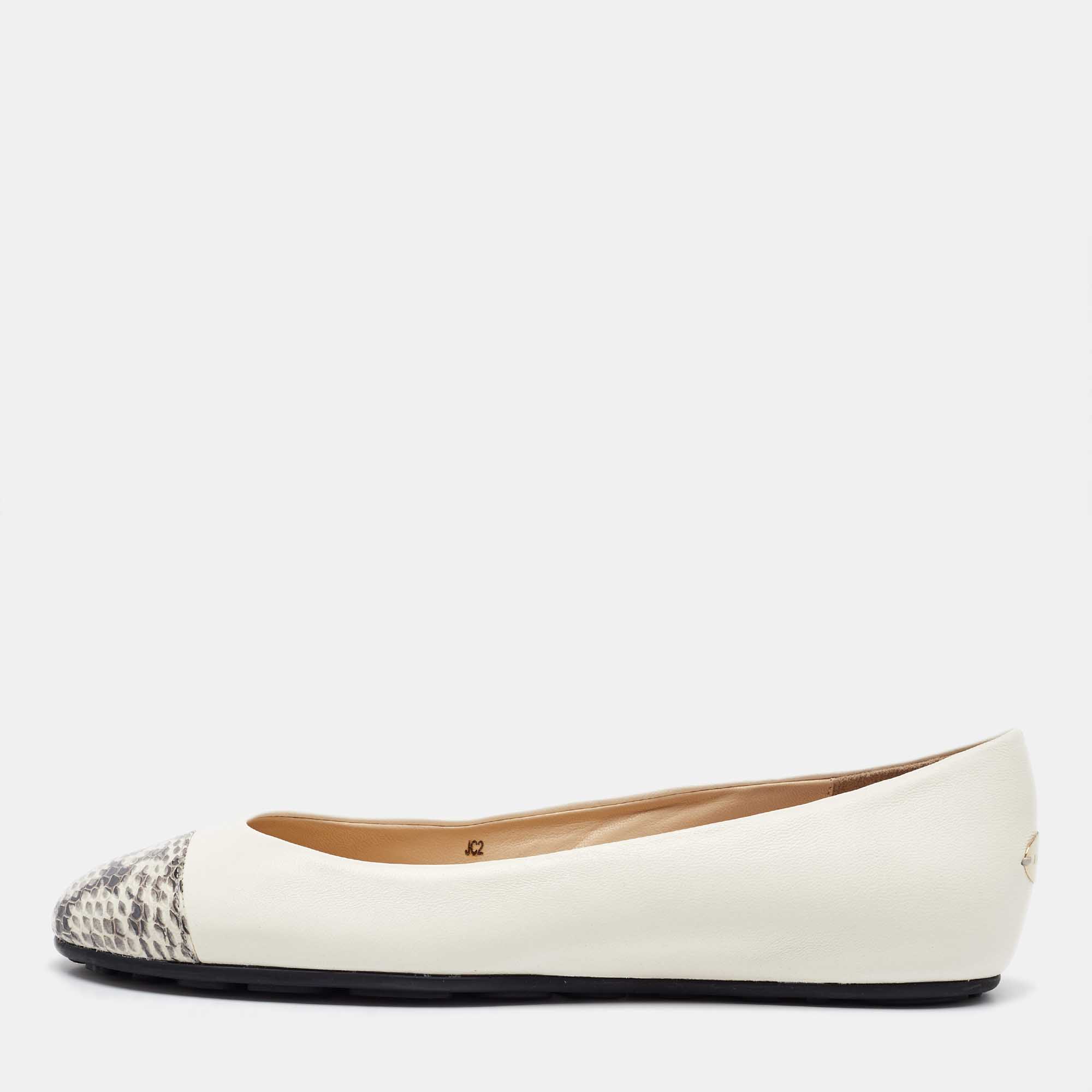 Pre Owned Jimmy Choo White Leather and Snakeskin Cap Toe Gaze Ballet Flats Size 35