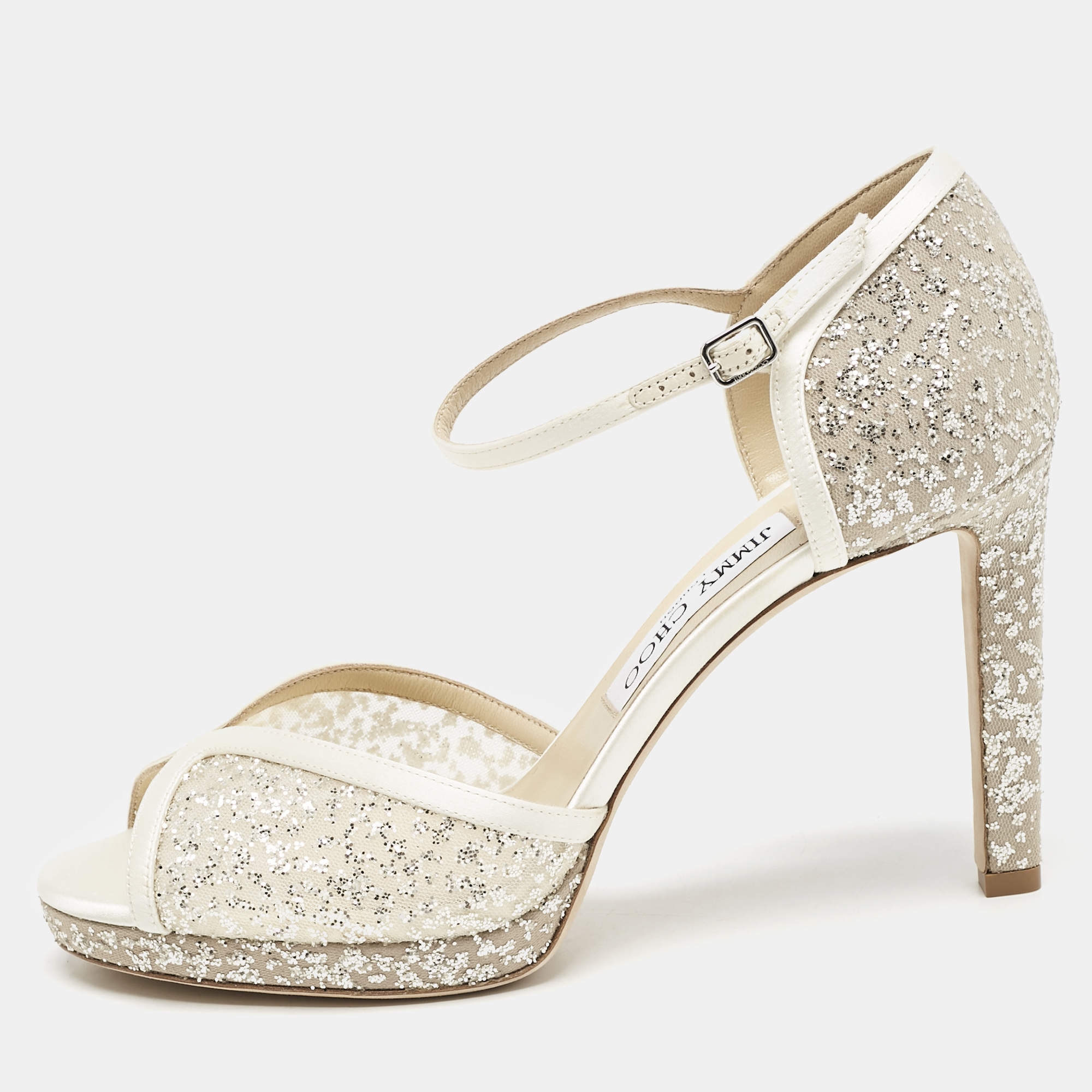 مملوكة مسبقًا Jimmy Choo Silver/Cream Glitter and Satin Lacia Sandals Size 39