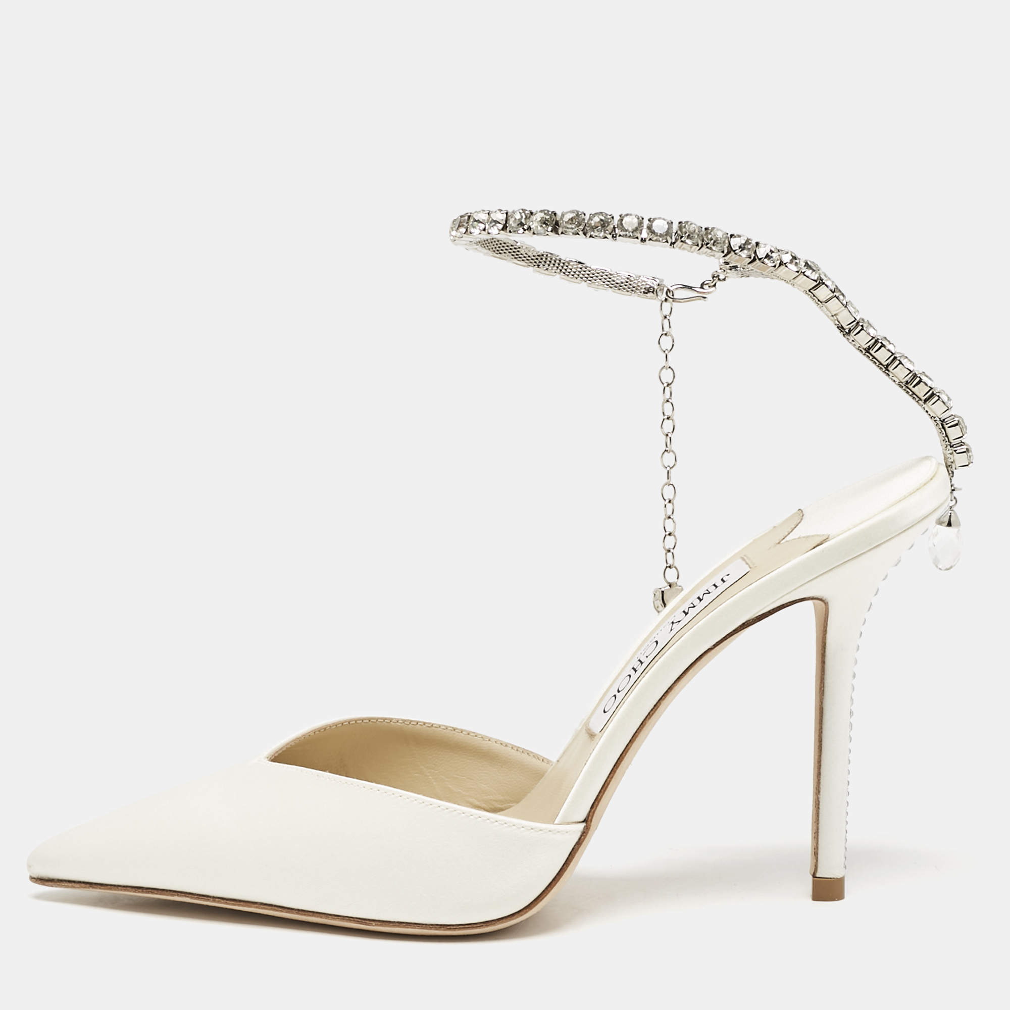 Pre Owned Jimmy Choo Ivory Satin Crystal Embellished Saeda Pumps Size 37