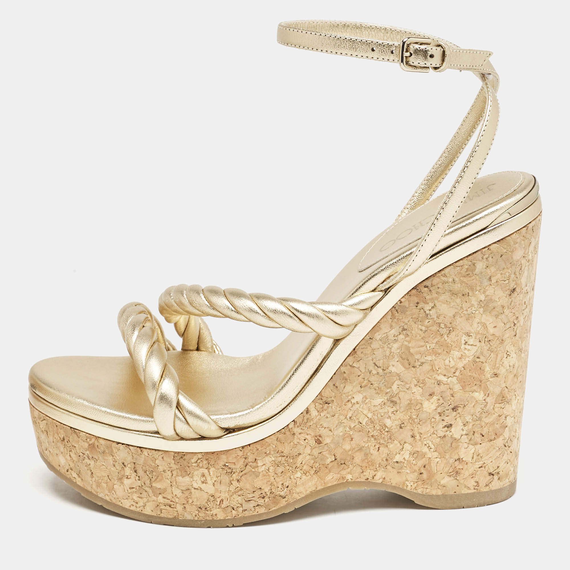 Jimmy Choo Gold Leather Diosa Wedge Sandals Size 38.5