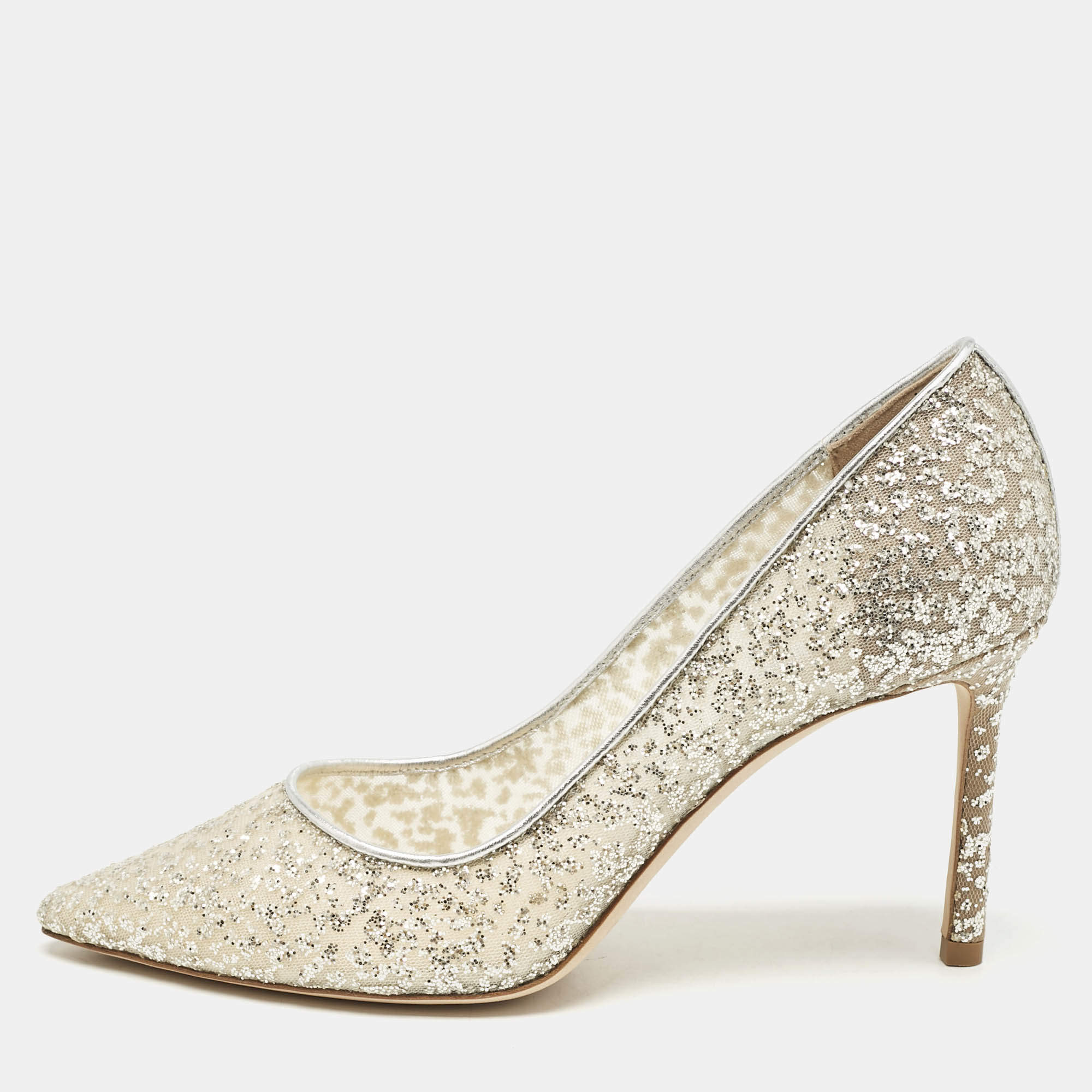 Jimmy Choo Beige Lace and Leather Romy Pumps Size 37.5