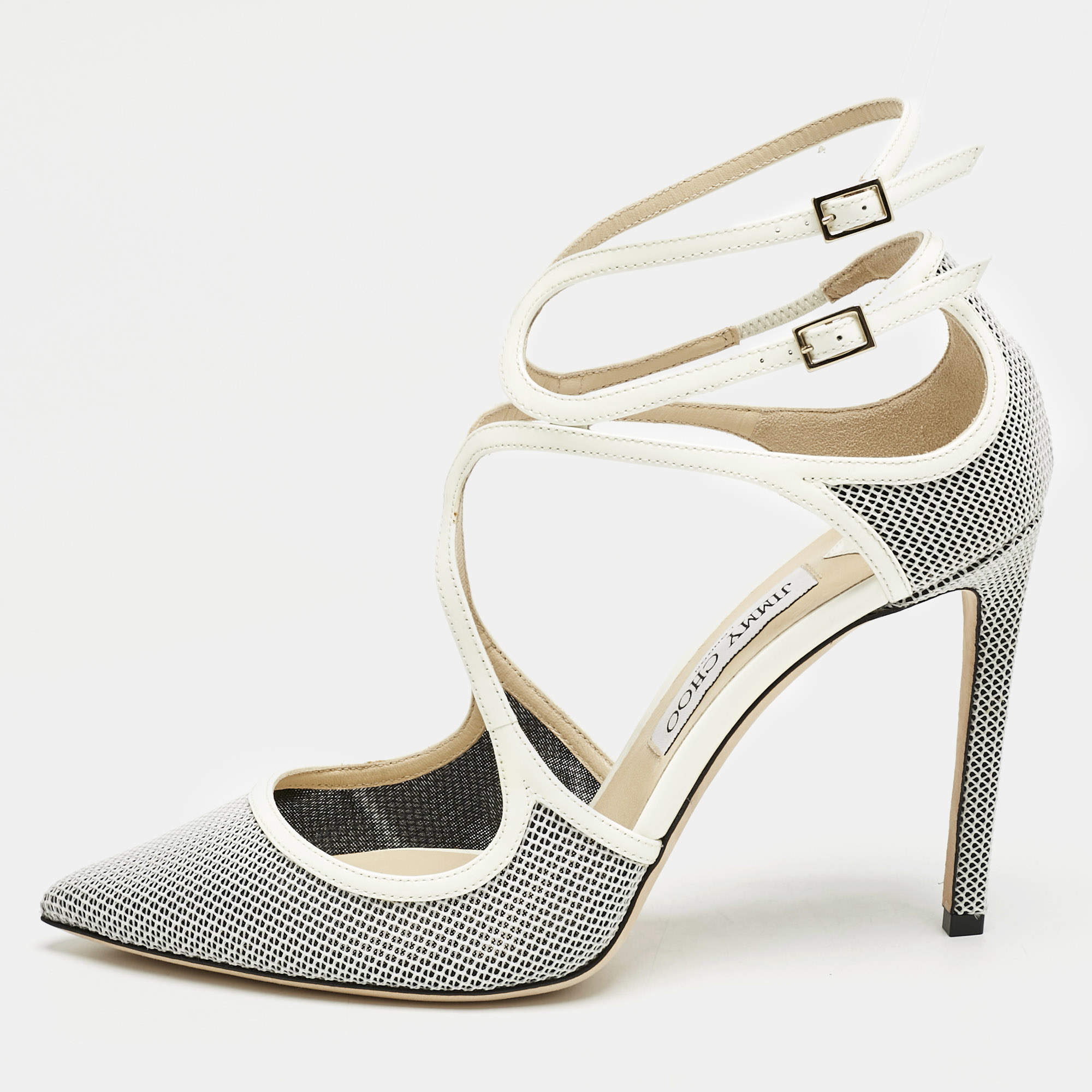 Jimmy Choo White/Black Raffia and Patent Leather Lancer Pumps Size 40.5