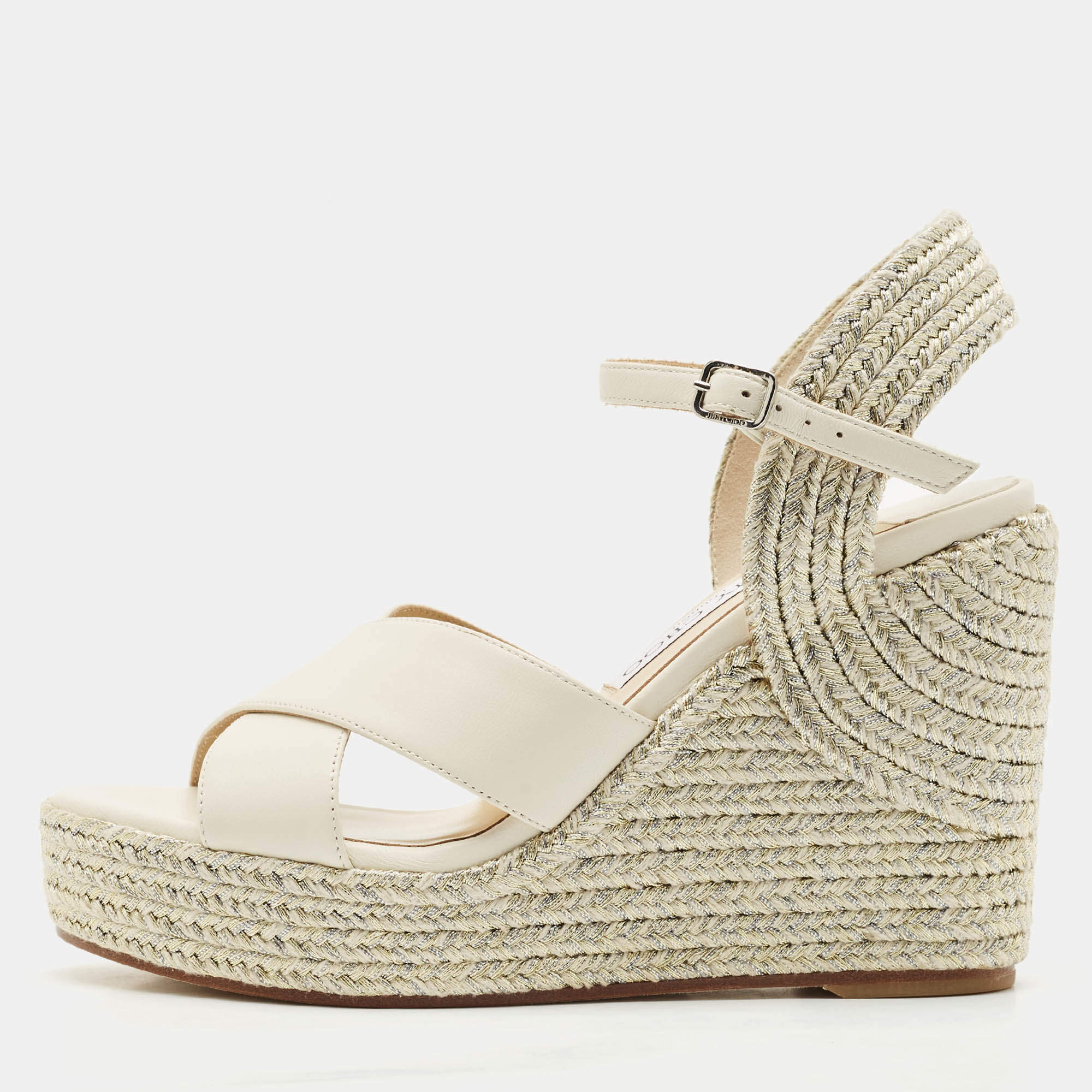 Jimmy Choo White/Gold Leather Dellena Wedge Sandals Size 36