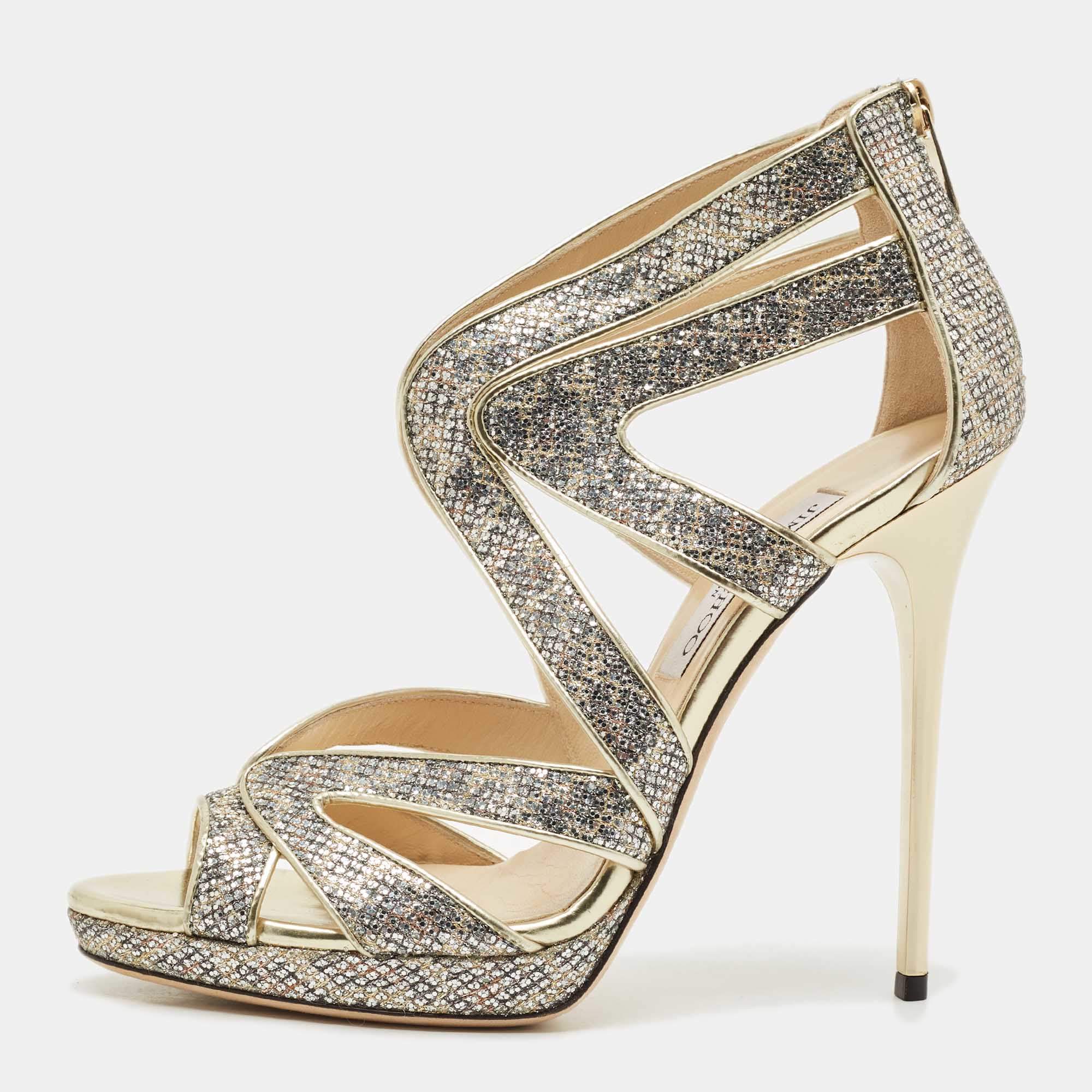 Jimmy Choo Gold Glitter and Leather Karla Sandals Size 39
