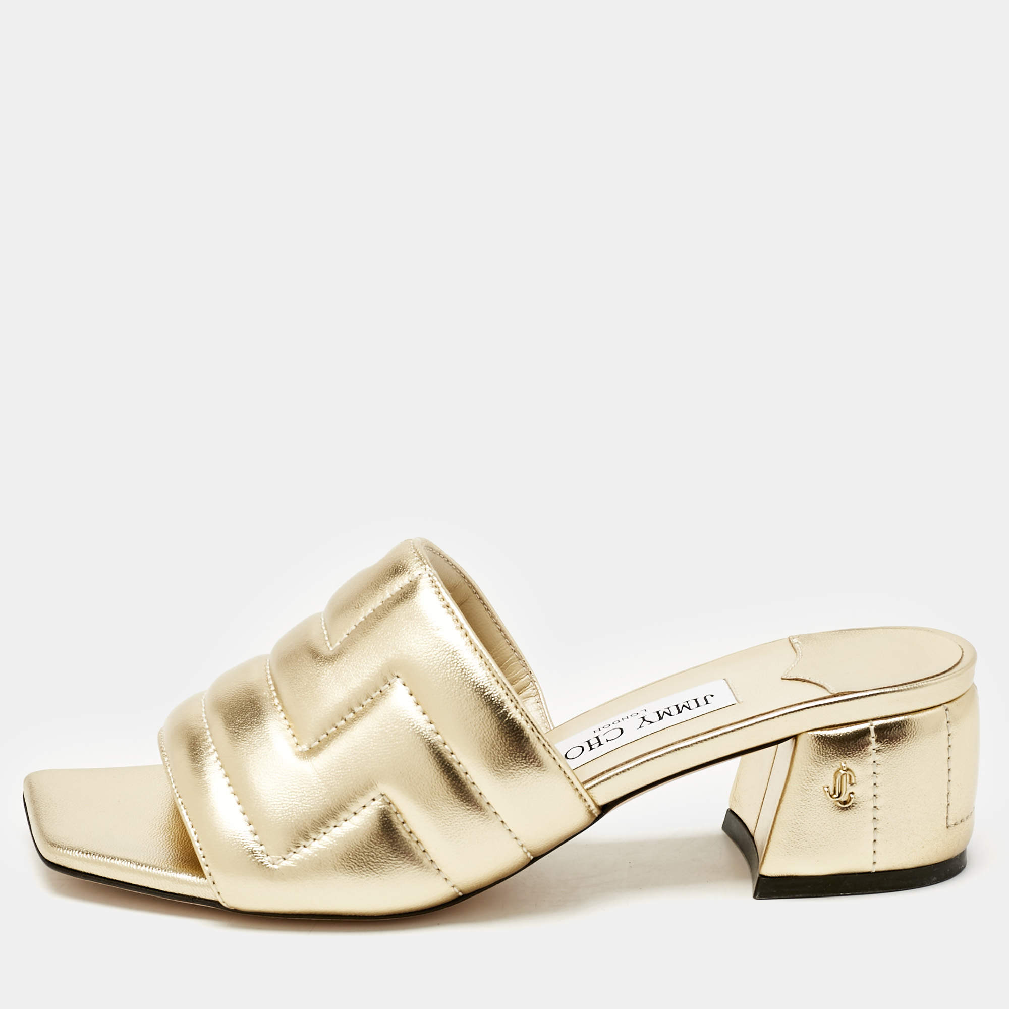 Jimmy Choo Gold Quilted Leather Themis Slide Sandals Size 37