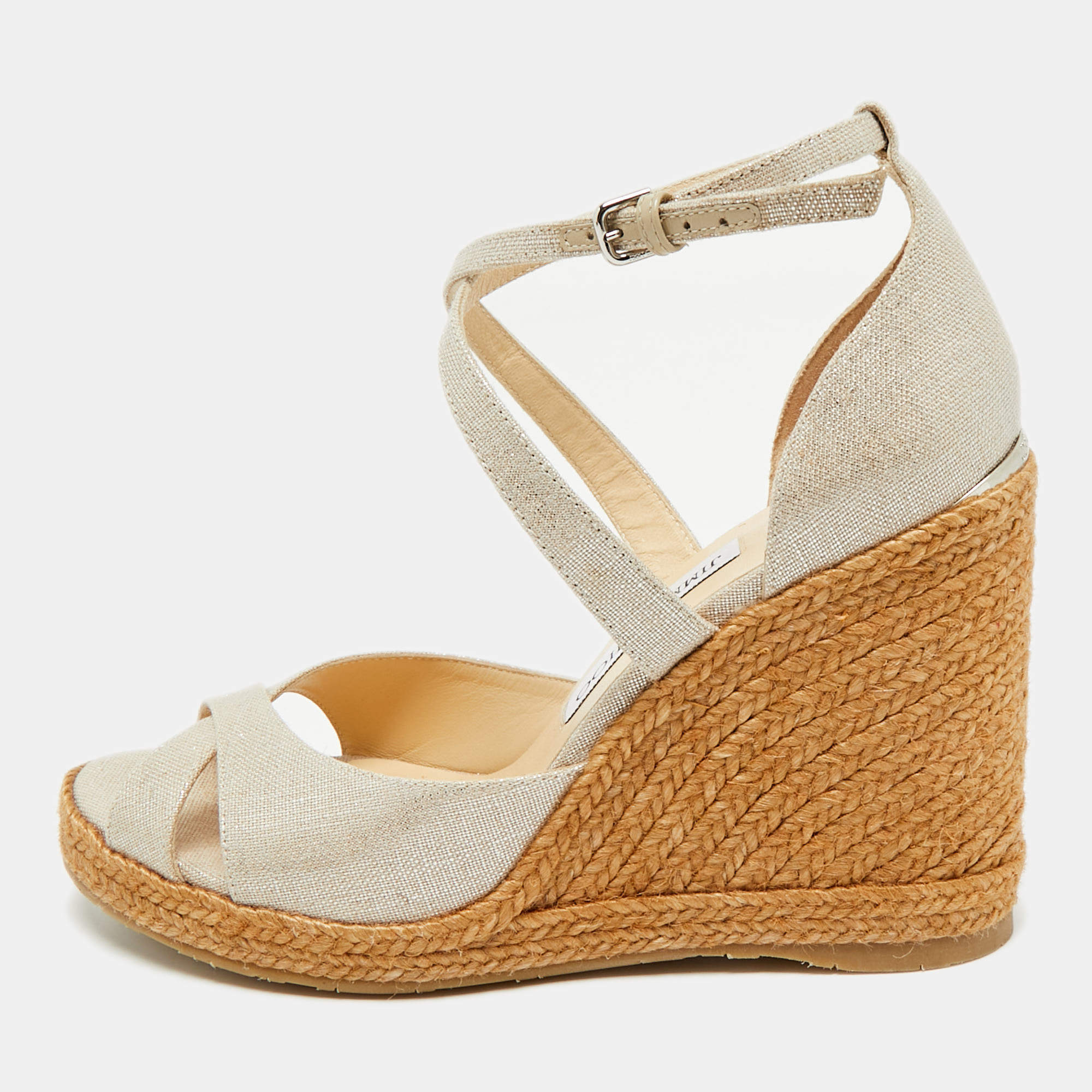 Pre Owned Jimmy Choo Beige Textured Cork Alanah Wedges Ankle Strap Sandals Size 39