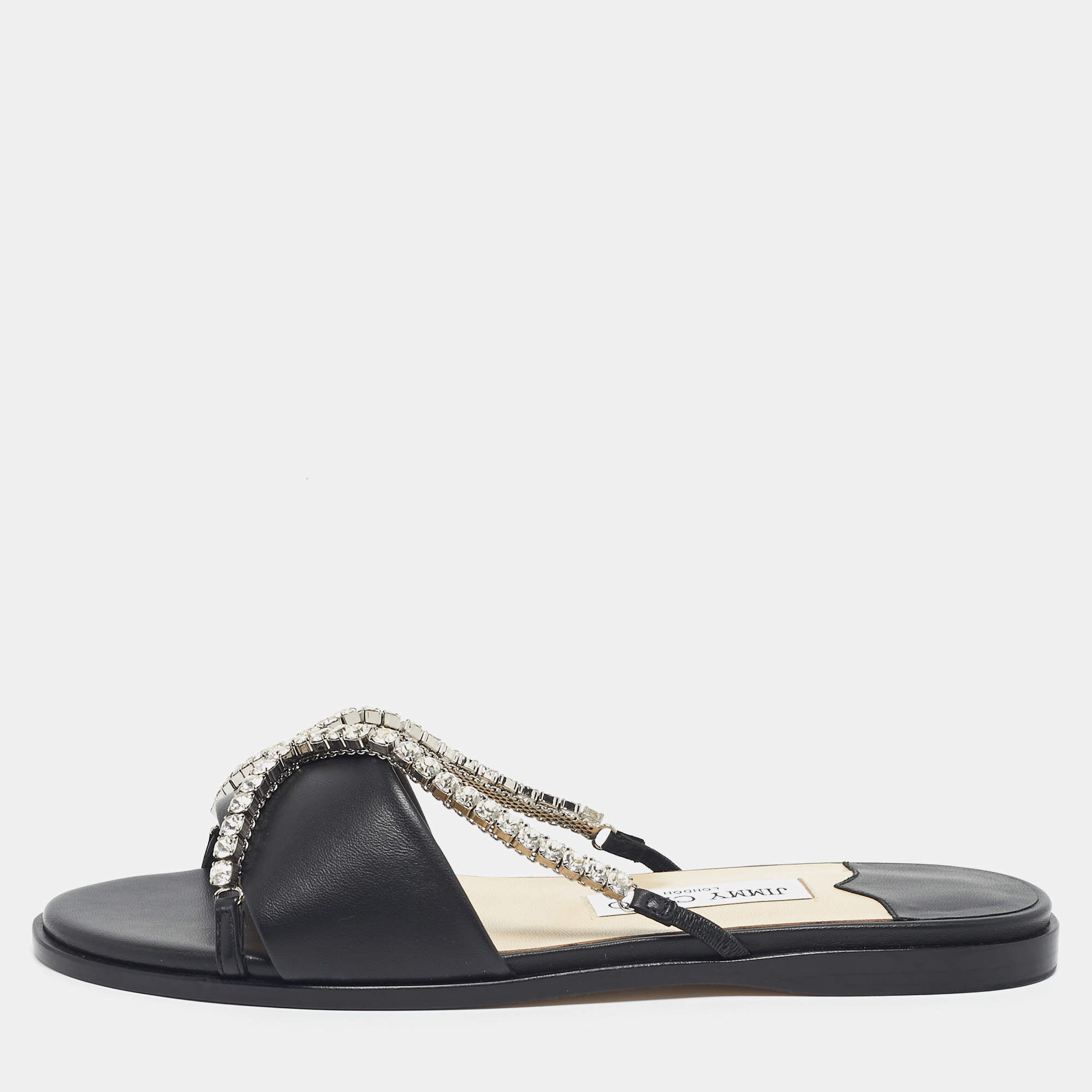 Pre Owned Jimmy Choo Black Leather Aadi Flat Slides Size 39