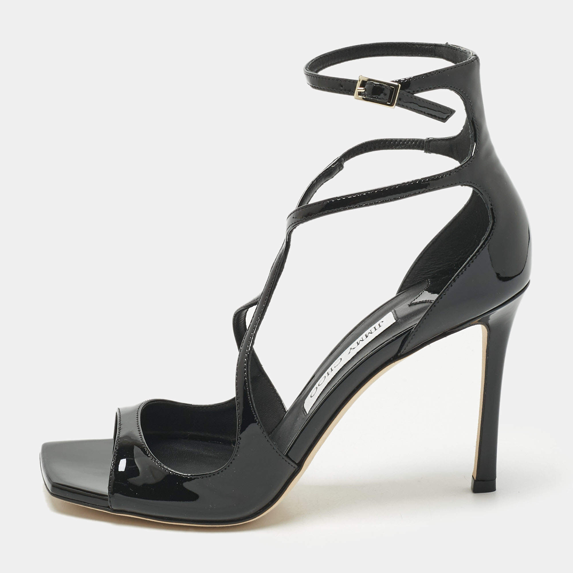 مملوكة مسبقًا صندل جيمي تشو آيزيا جلد برّاق وردي لامع بحزام للكاحل مقاس 38