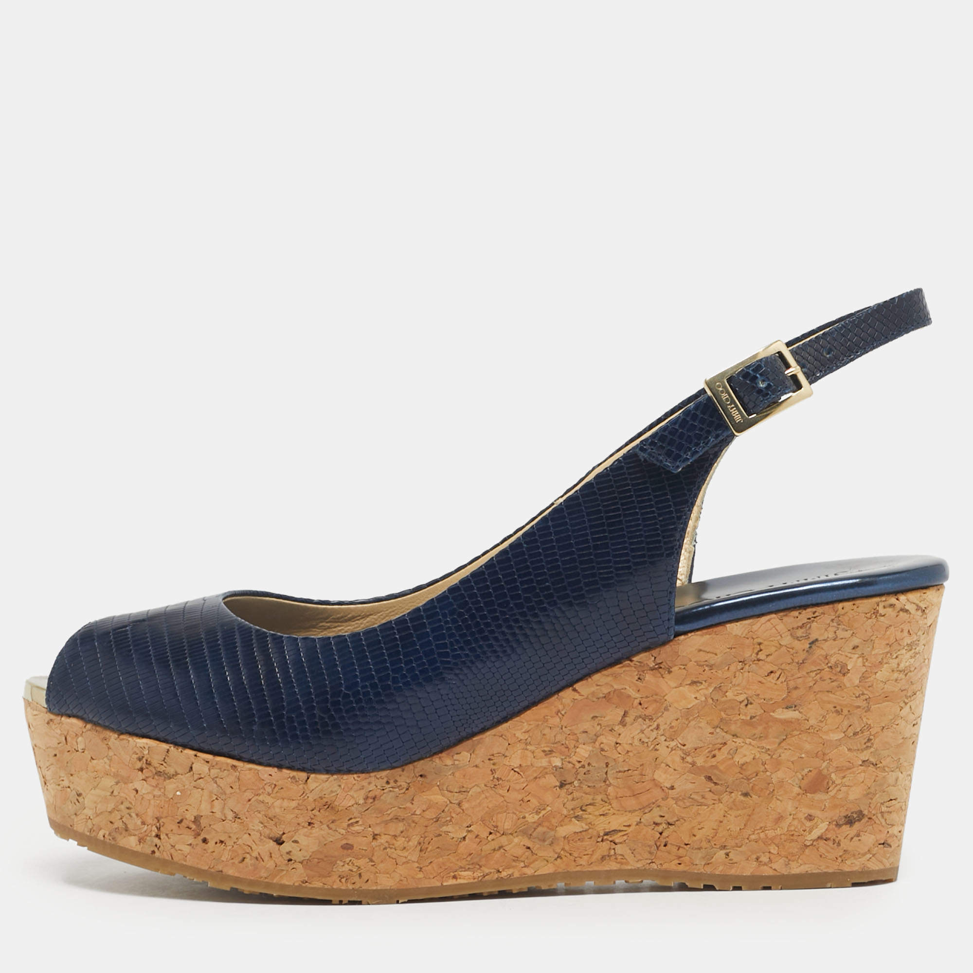 Pre Owned Jimmy Choo Navy Blue Lizard Embossed Leather Praise Wedge Sandals Size 36.5
