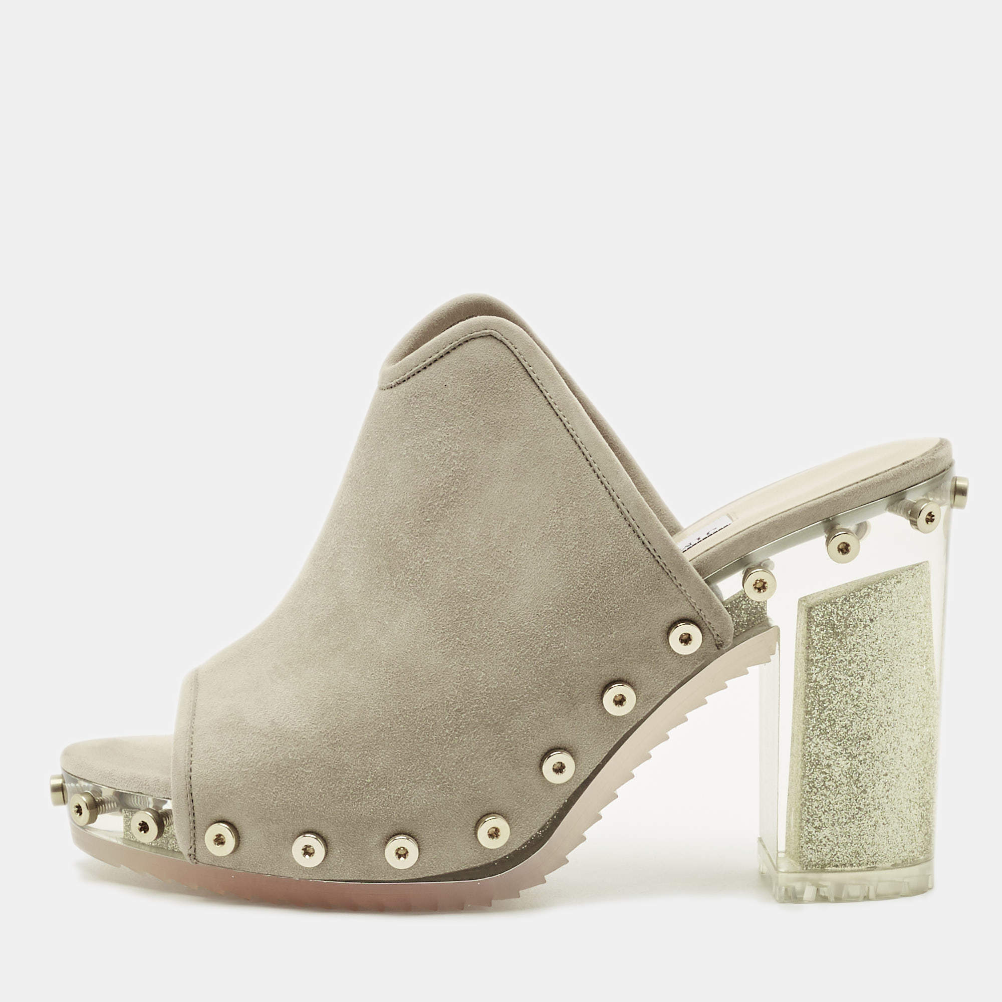 Pre Owned Jimmy Choo Grey Suede Studded Open Toe Mules Size 36.5