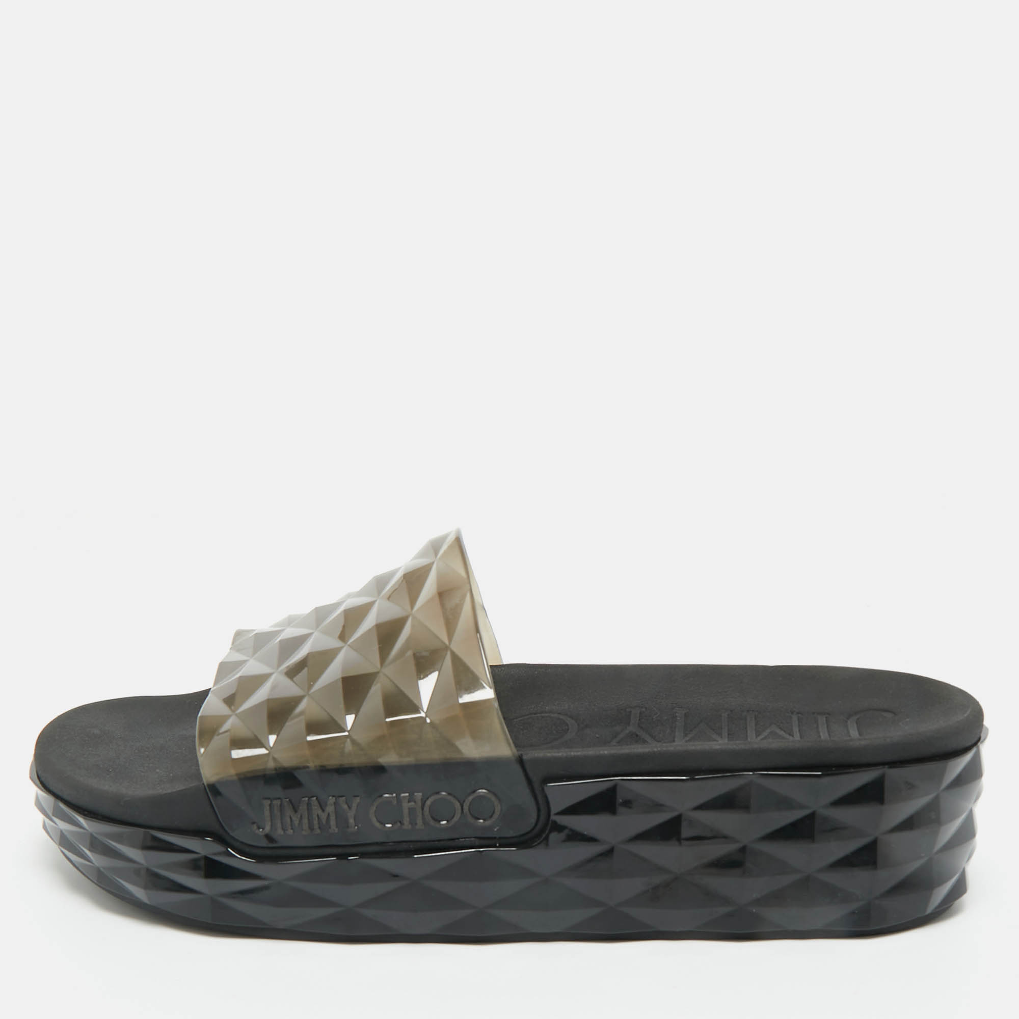 Pre Owned Jimmy Choo Grey Rubber Diamond Flat Sandals Size 40