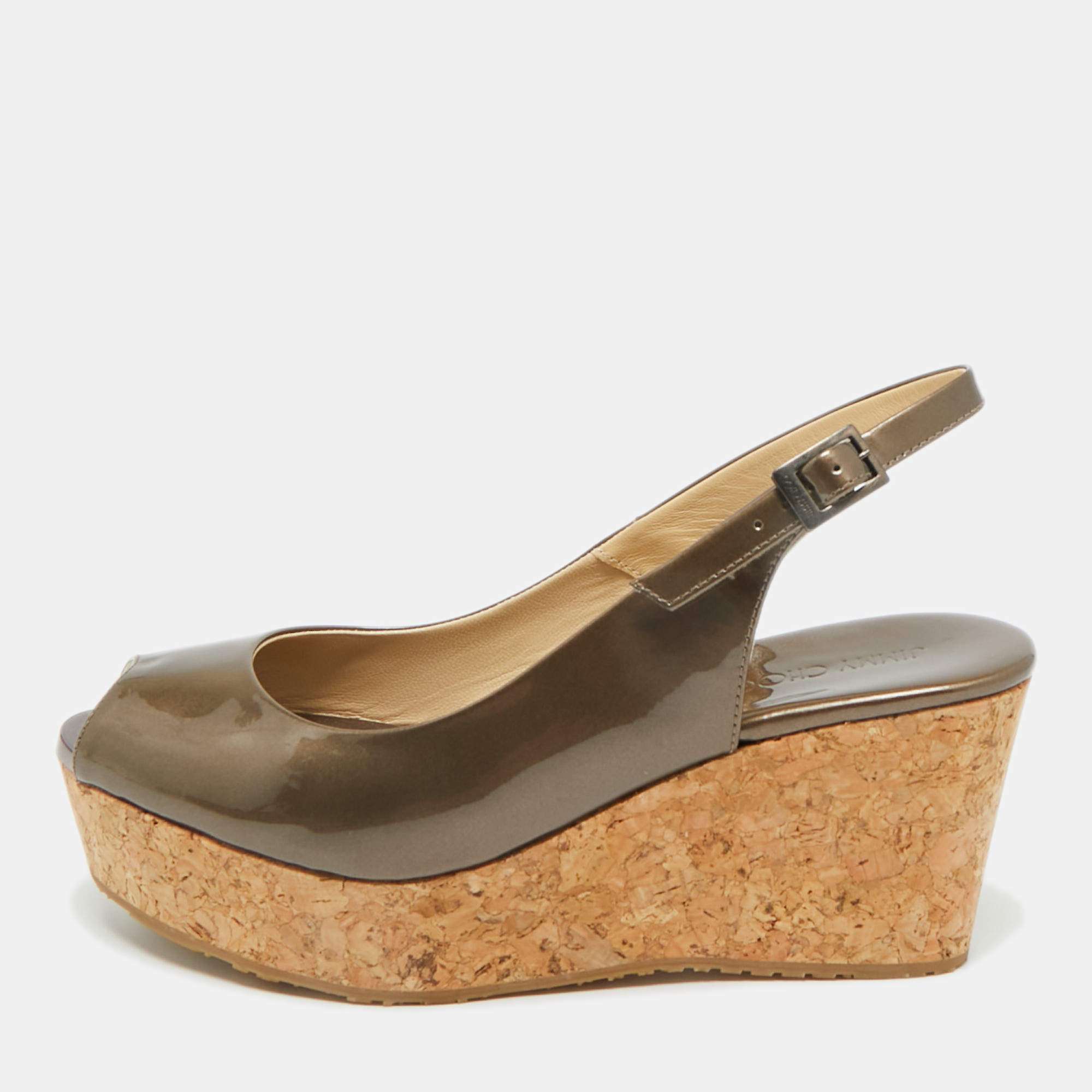 Pre Owned Jimmy Choo Metallic Patent Leather Prova Slingback Wedge Sandals Size 36.5