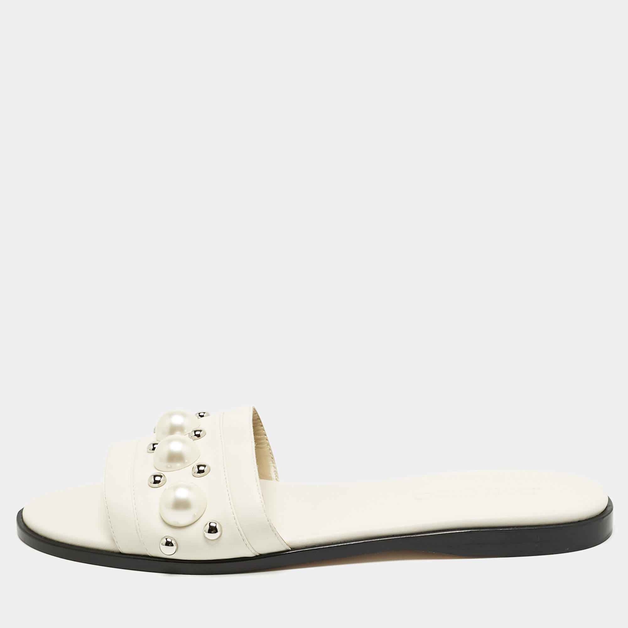 Pre Owned Jimmy Choo White Leather Minea Embellished Flat Slides Size 39