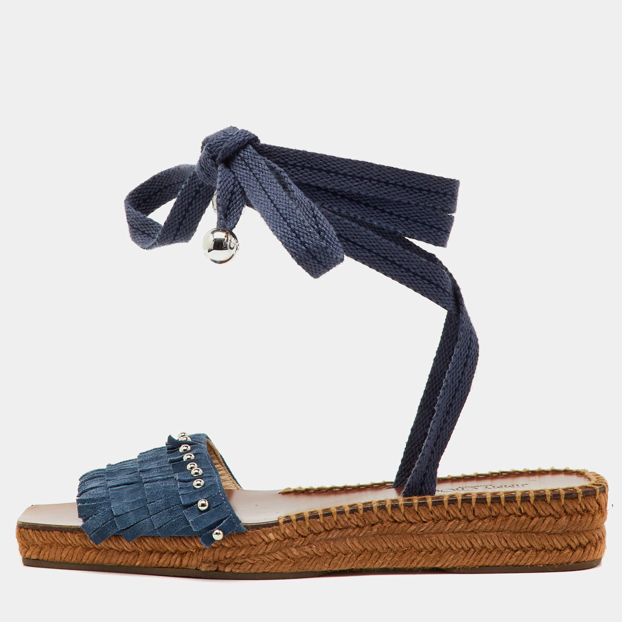 Pre Owned Jimmy Choo Blue Fringe Suede Denim Aisha Espadrille Ankle Wrap Sandals Size 38.5
