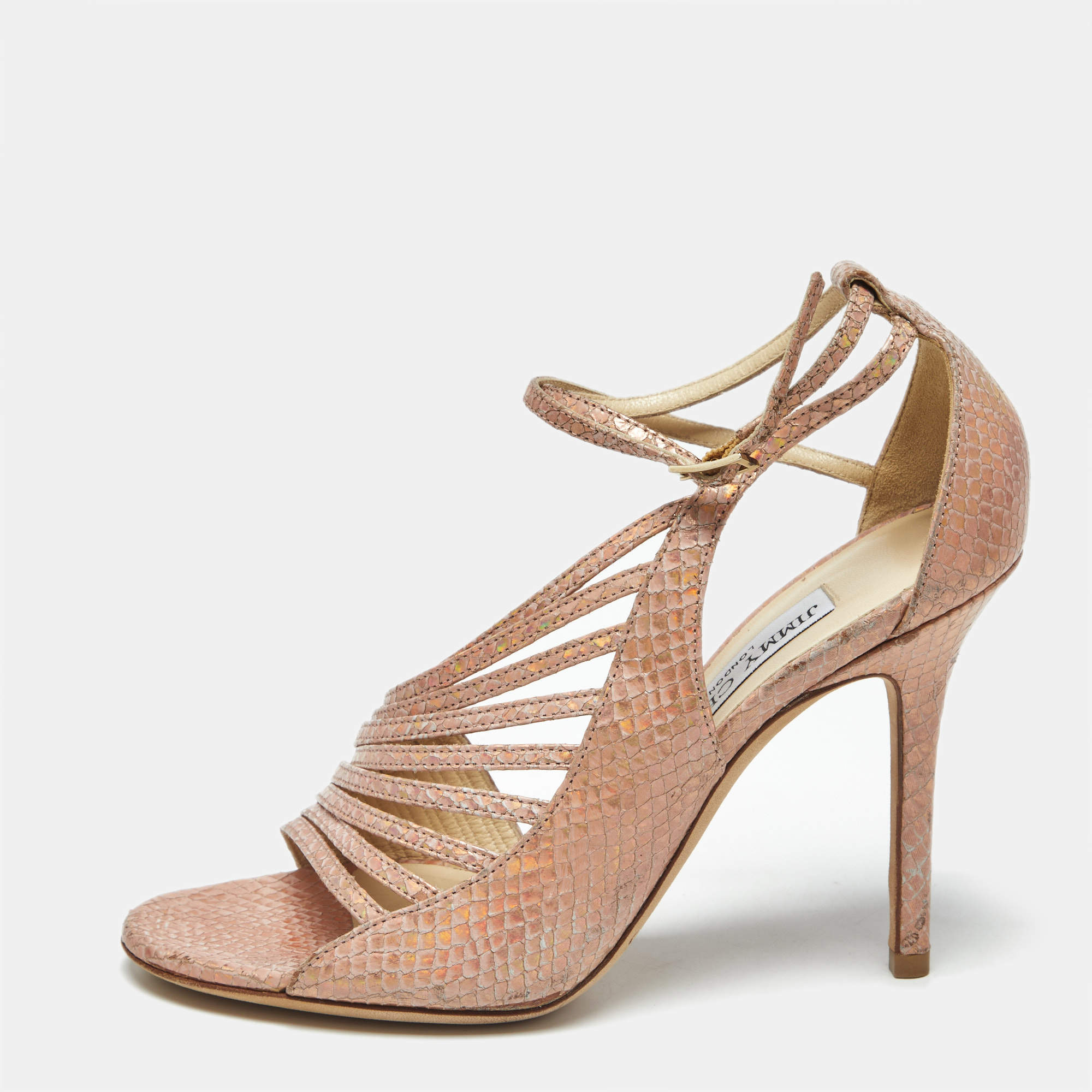 Pre Owned Jimmy Choo Pink Snakeskin Embossed Florry Ankle Strap Sandals Size 36.5