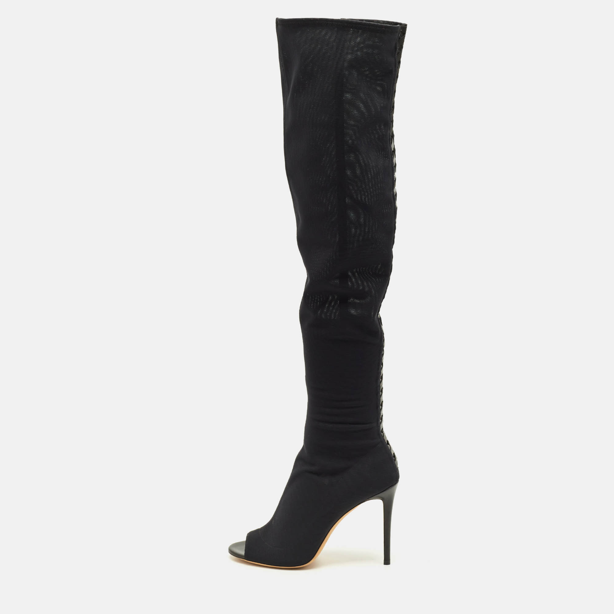 مملوكة مسبقًا Jimmy Choo Size 39 Black Leather and Mesh Open Toe Over The Knee Boots