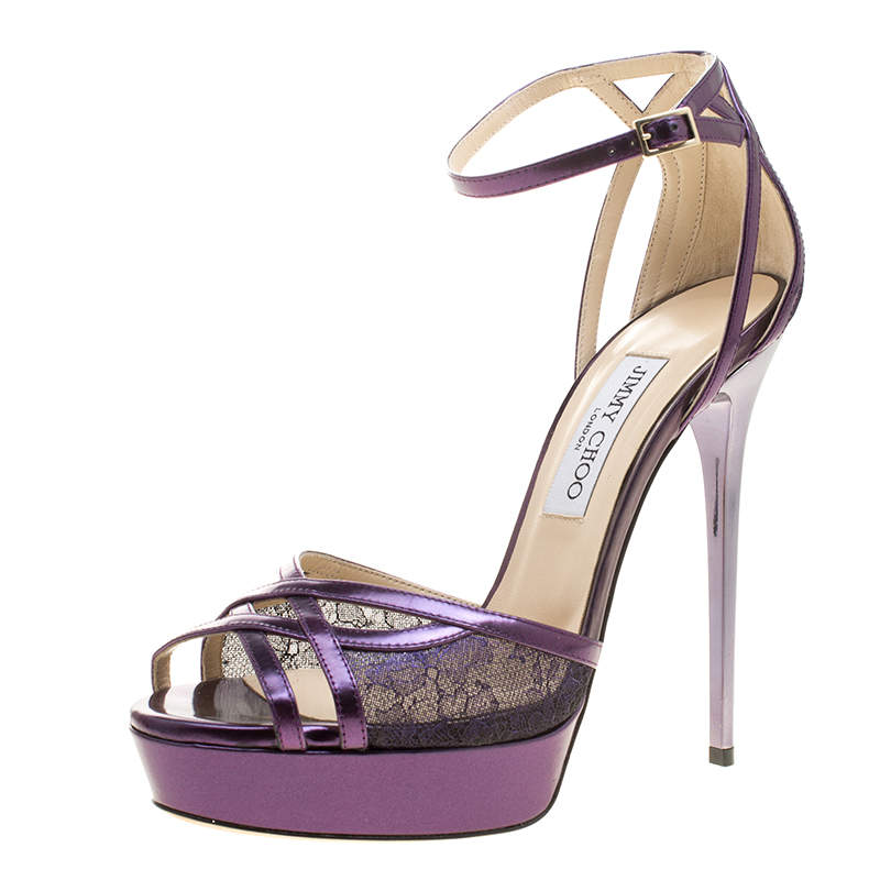 Pre Owned Jimmy Choo Metallic Purple Leather and Lace Laurita Platform Ankle Strap Sandals Size 40